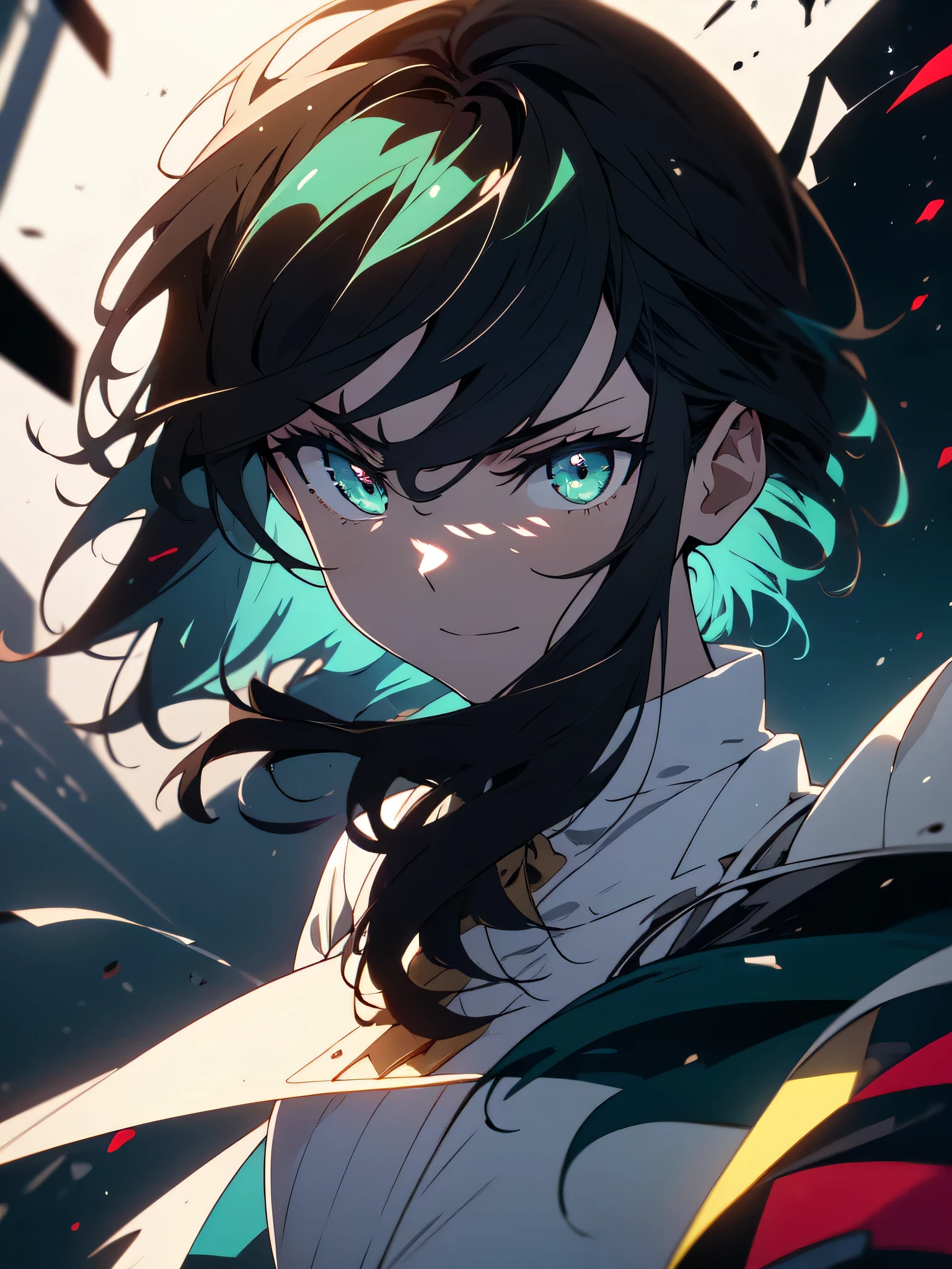 (masterpiece, highest quality)、(shining eyes), ((one young man)),(dark brown hair,inner color)、sea green eyes,serious expression, evil smile,Upper body,line drawing,Unkempt short hair、messy hair、(messy hair、medium hair),white blazer,black t-shirt,expressionless eyes,((beautiful animeスタイル))、(dark and serious background),(dark back alley)、(downtown at night)、beautiful anime
