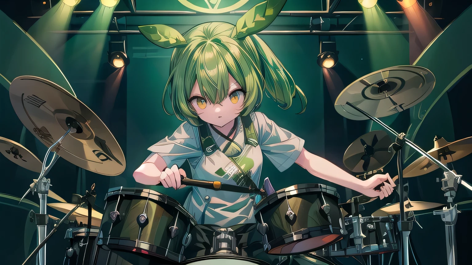 (masterpiece),dark green hair, eyes are yellow, 1 girl, alone, Drum kit,beat the drum,play the drums, (holding stick), side ponytail, hold a drumstick