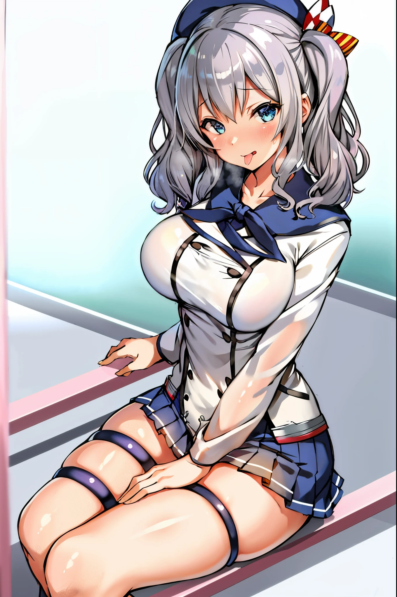 1 girl、solo、masterpiece、highest quality、KashimaAND、Kashima\(KanColle\)、gray hair、blue eyes、wavy hair、twin tails、slanted eyes、beret、laughter、embarrassing、blush、big breasts、black enamel、bondage、High leg、black enamel、thigh high boots、standing split、Please open your thighs wide.、spread legs、Please show your crotch to the camera、stare at the camera、Wooden corridor、((please open your mouth wide))、((With a transparent rod like male genitalia:1.2))、((Stick out your tongue and lick the transparent rod that looks like a penis:1.2))、
