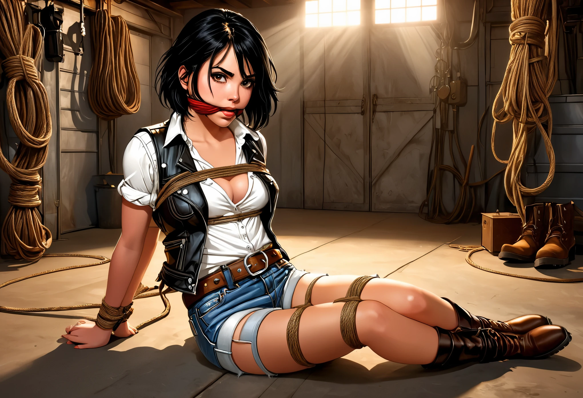 graphic novel illustration, photorealistic, full body of a beautiful young woman, shoulder length black hair, cleave gag, damselpose, yokozuwari, breast bondage, nice black eyes, wearing a leather vest and a white shirt, wearing jean shorts with a brown belt and boots, intricate details, cinematic lighting, amazing quality, amazing shading, soft lighting, detailed Illustration, wallpaper masterpiece, best quality, perfect hands, on the ground inside a garage, bound natural ropes, extra ropes around her chest. She looks at you, her gaze in agony