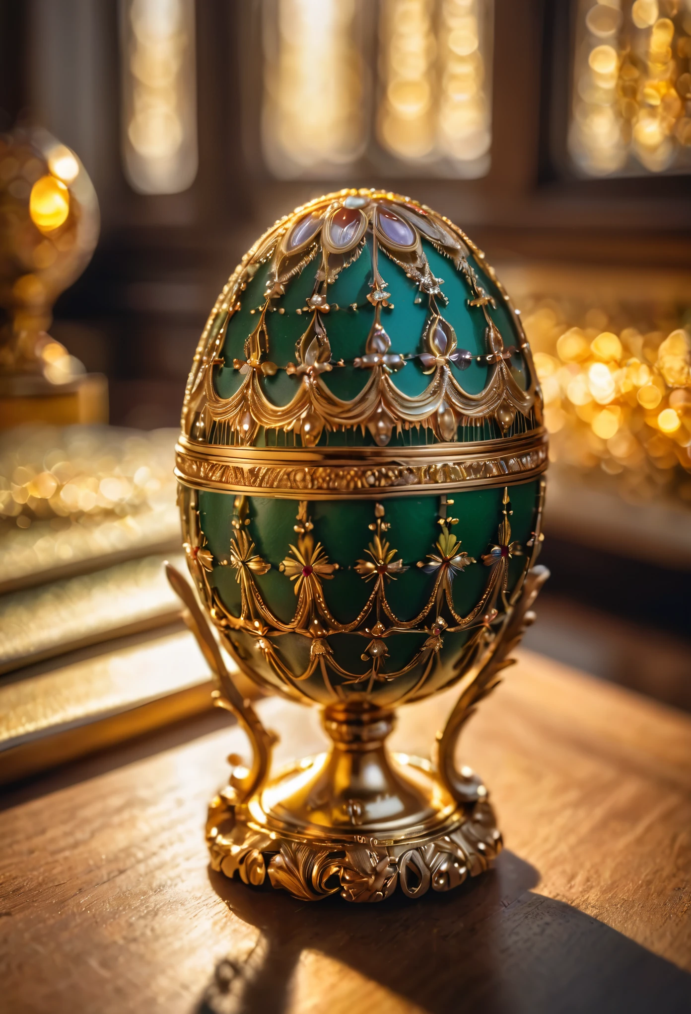 RAW Photograph, Faberge egg, gldnglry, raytracing, sharp focus, 8k, bokeh, hdr, masterpiece, photography, dslr, kodachrome, 35mm photograph, analog film, professional, highly detailed