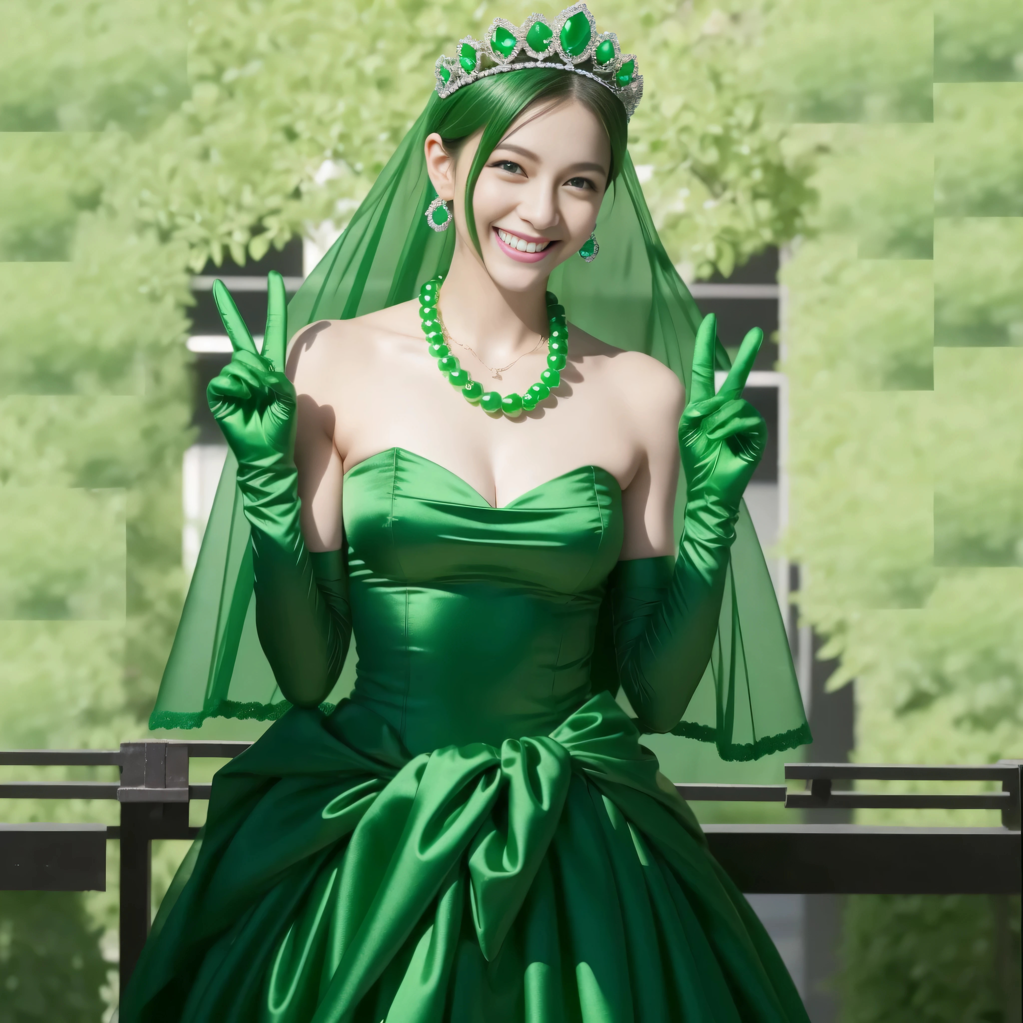 emerald tiara, Green Pearl Necklace, Boyish green berry short hair, lipstick, Smiling Japan woman, very short hair, big breasts beautiful, green eyes, Green long gloves made of satin material, green eyes, v sign, emerald earrings, green gloss
