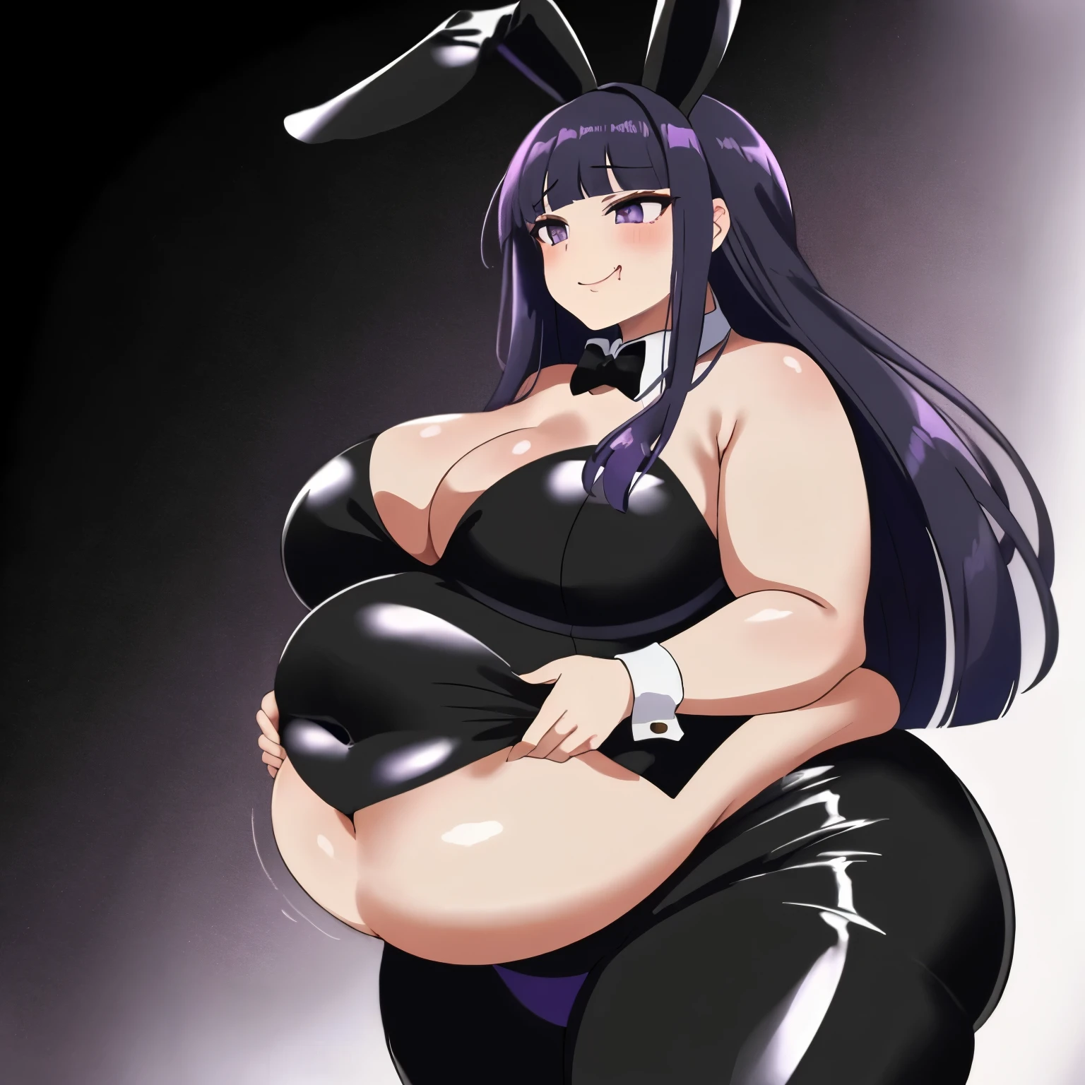 masterpiece, best quality, 1 girl, smug, confident, black bunny suit, plump, stuffed belly, dark purple hair, dark purple eyes, blunt bangs, long hair, sharp details, tall, mature woman, gurgling_noise, low angle