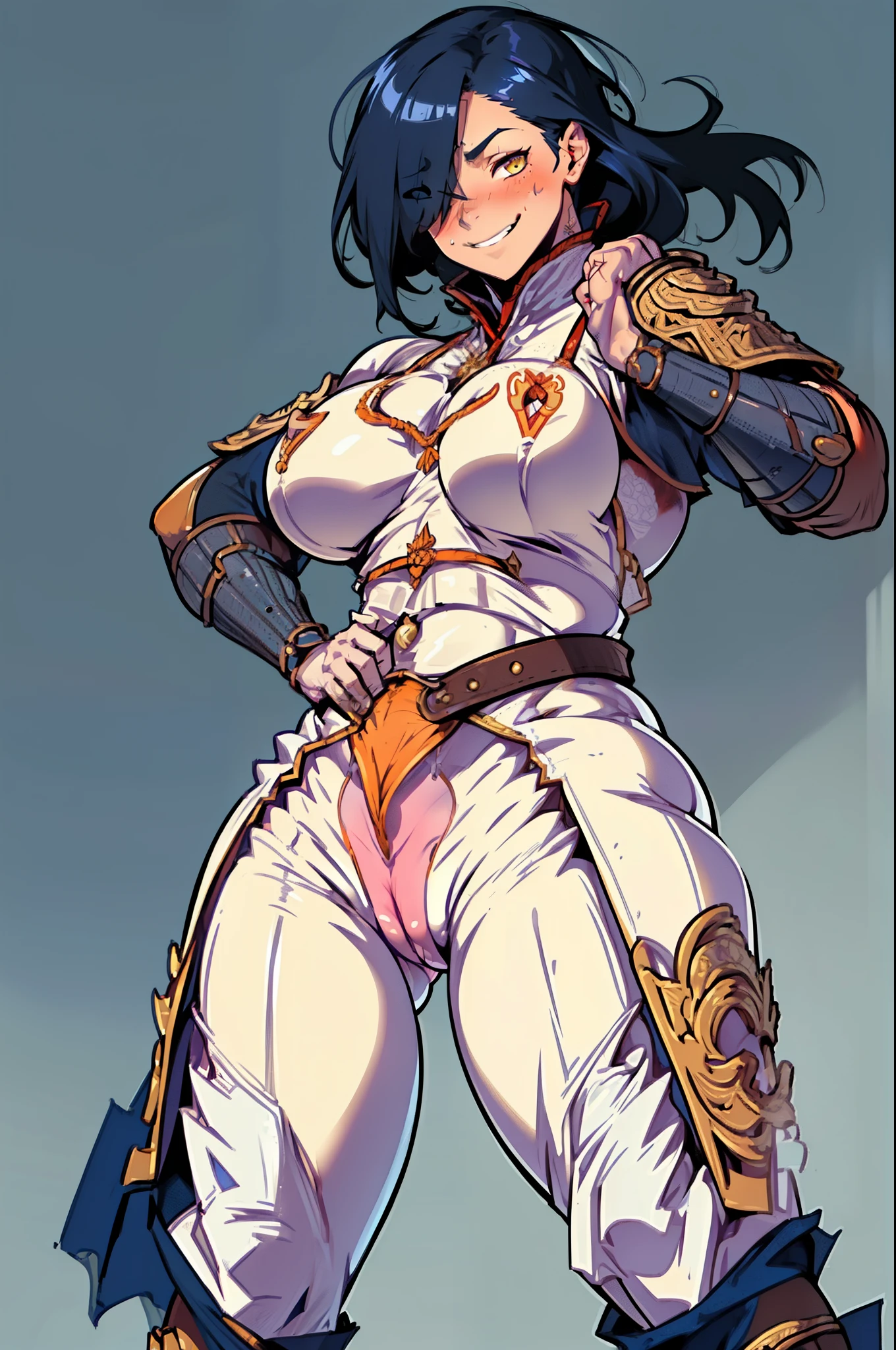 (high resolution, pixel perfect, gorgeous illustrations), (hyper quality, muste piece, etheric: 1.4), ((1girl)), (((((fighting stance))))), (((((pussy))))), ((tattoo)), ((mature woman)), cool atmosphere, (((((hair over one eye))))), yellow eyes, ((((evil grin)))), (((blush))), (((((((muscular))))))), ((thick thighs)), (((wide hips))), ((Big breasts that are about to burst)), fighter, (((woman))), ((((wh_chi_armor)))), (((((cameltoe))))), lewd woman, (shiny skin), sweat, simple background,