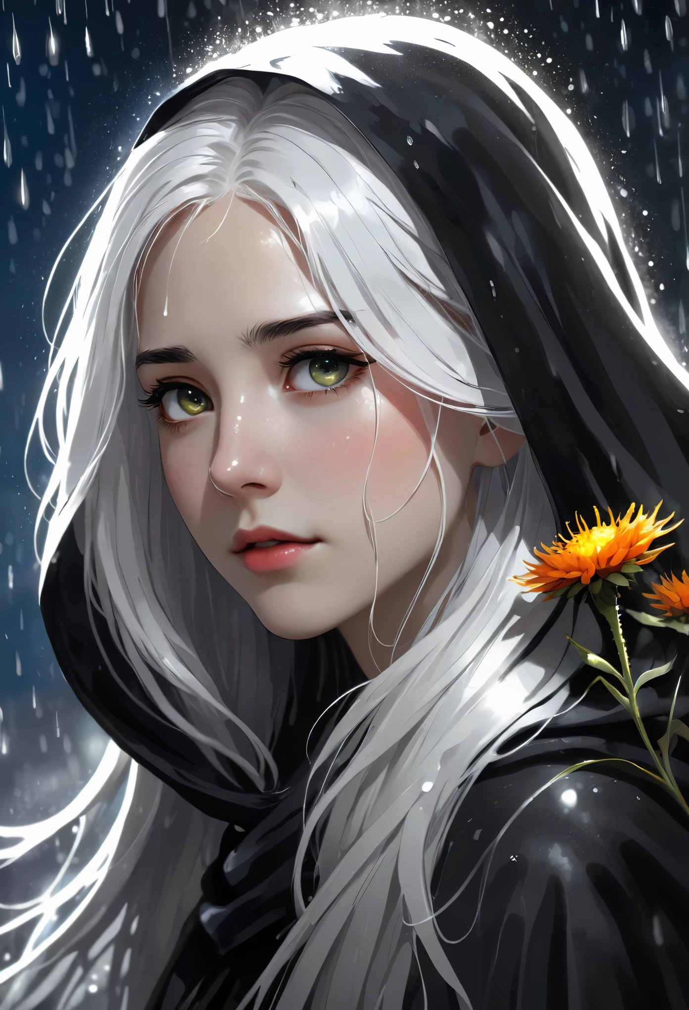 1 girl,alone,1 girl,alone,((Beautiful and delicate eyes)), (detail light),depth of field,(white hair),silver eyes,hair covering one eye,(safflower ), hair flower,long hair,black cloak,wet,emotionless,look back,night,Starfall,rain,FOG,safflowers falling,sketch,Upper body,strong shadow,