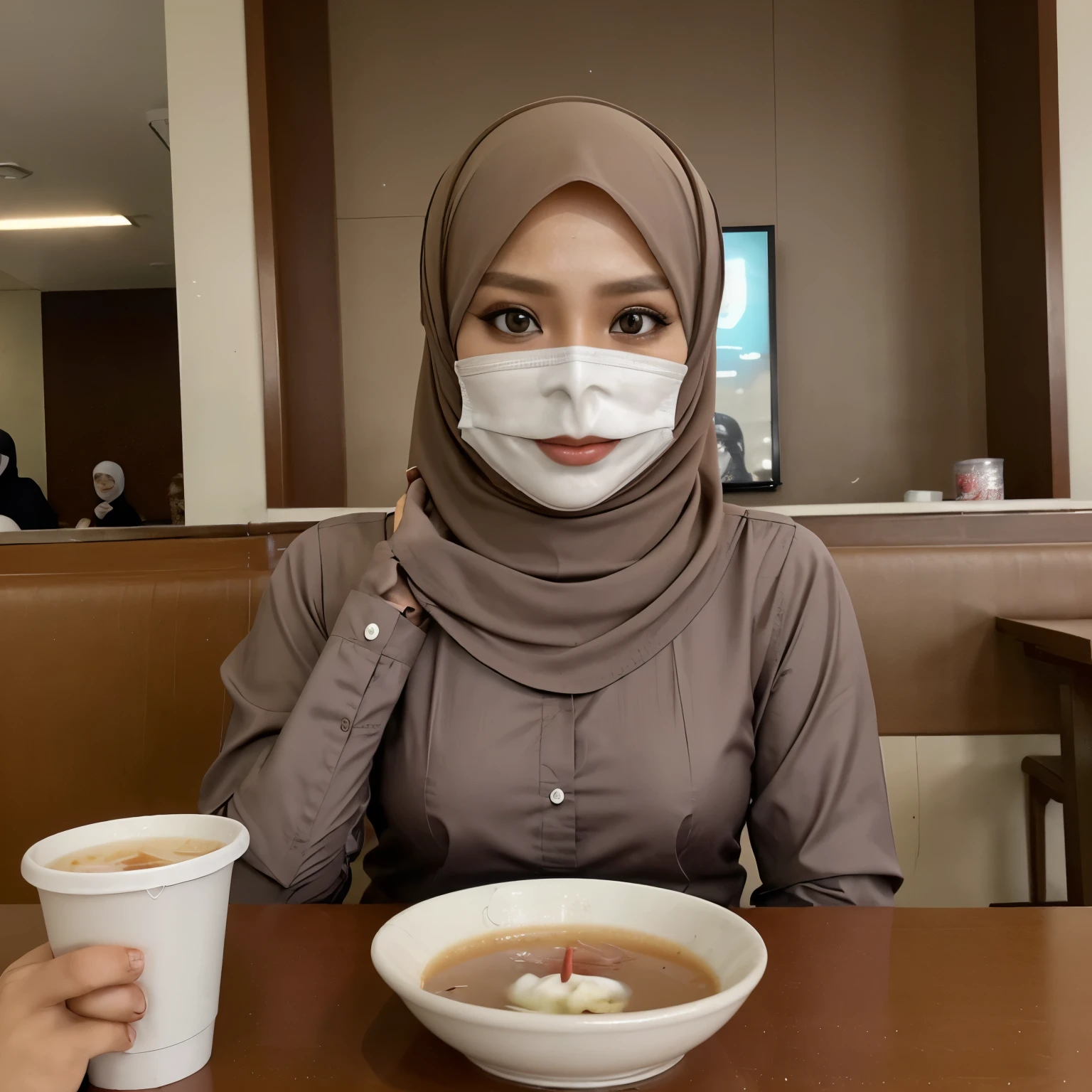 Seorang wanita muda cantik memakai hijab sedang duduk di restoran