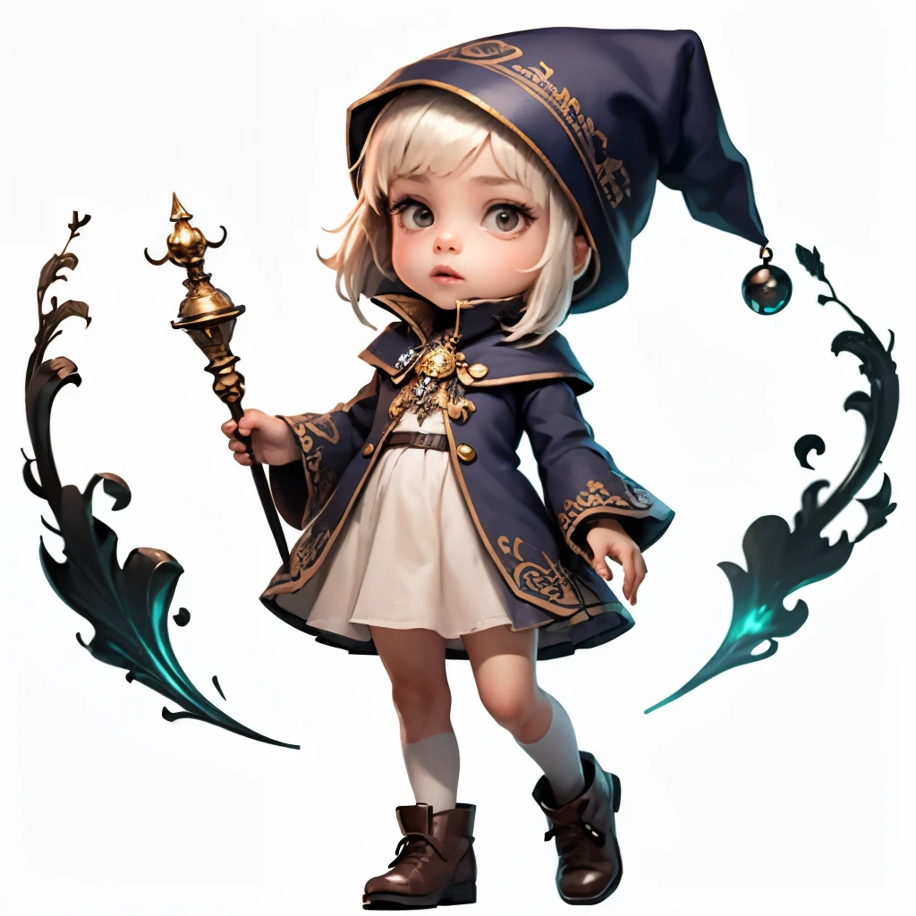 Little Girl Wizard with wizard hat, Disney Pixar style character, full body, full body, white background, Q version, 2d, cute