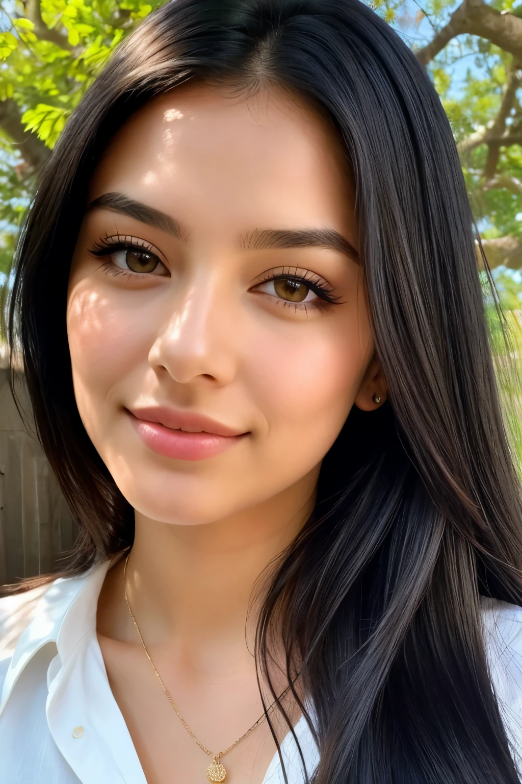 A latina girl with long, black hair and bright green eyes. Her fair complexion contrasts beautifully with her dark locks, framing her pretty face. She wears a simple white blouse, the fabric clinging to her slender figure, and her shoulders are bare, the sun Kissing her skin with a gentle glow. The image is rendered in a hyper-realistic style, capturing every detail of her features and the way the sunlight caresses her countenance. Her gaze is fixed on the viewer, drawing them in with her enchanting charm.