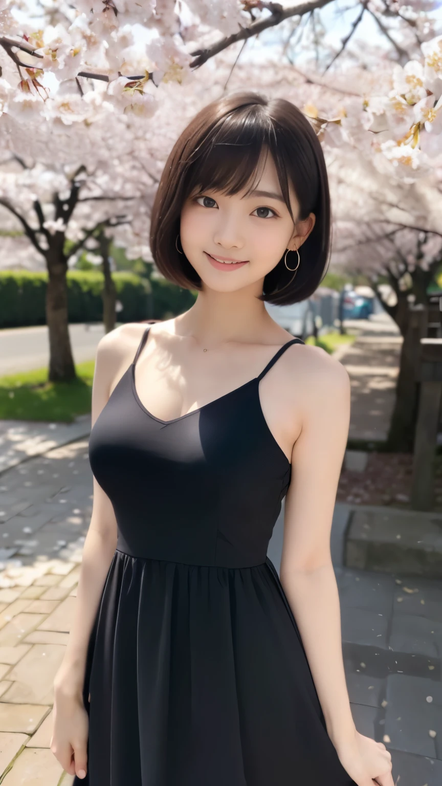 Masterpiece, Best-quality, RAW-photo, Ultra-High-Resolution, Photorealistic, 
(Anatomically correct, -yeld, vir's lover, She truly loves viewers, baby face,e, Perfect body, slim waist and busty body, Slender legs, Large breast, Realistic skin, angle from below), 
((Wear V-neck dress, tube top innerwear, sandalaiko, Round face, Black hair, Moist eyes, Shining eyes, Short bob cut, Bangs, Down-slating eyebrows, one little earring, Light blush), 
(Look at the viewer, stretch body), 
(A smile that seduces the opposite sex), 
(The cherry blossoms are in full bloom, the cherry blossom petals are dancing, and the wind is blowing), 
Natural lighting, full length, 