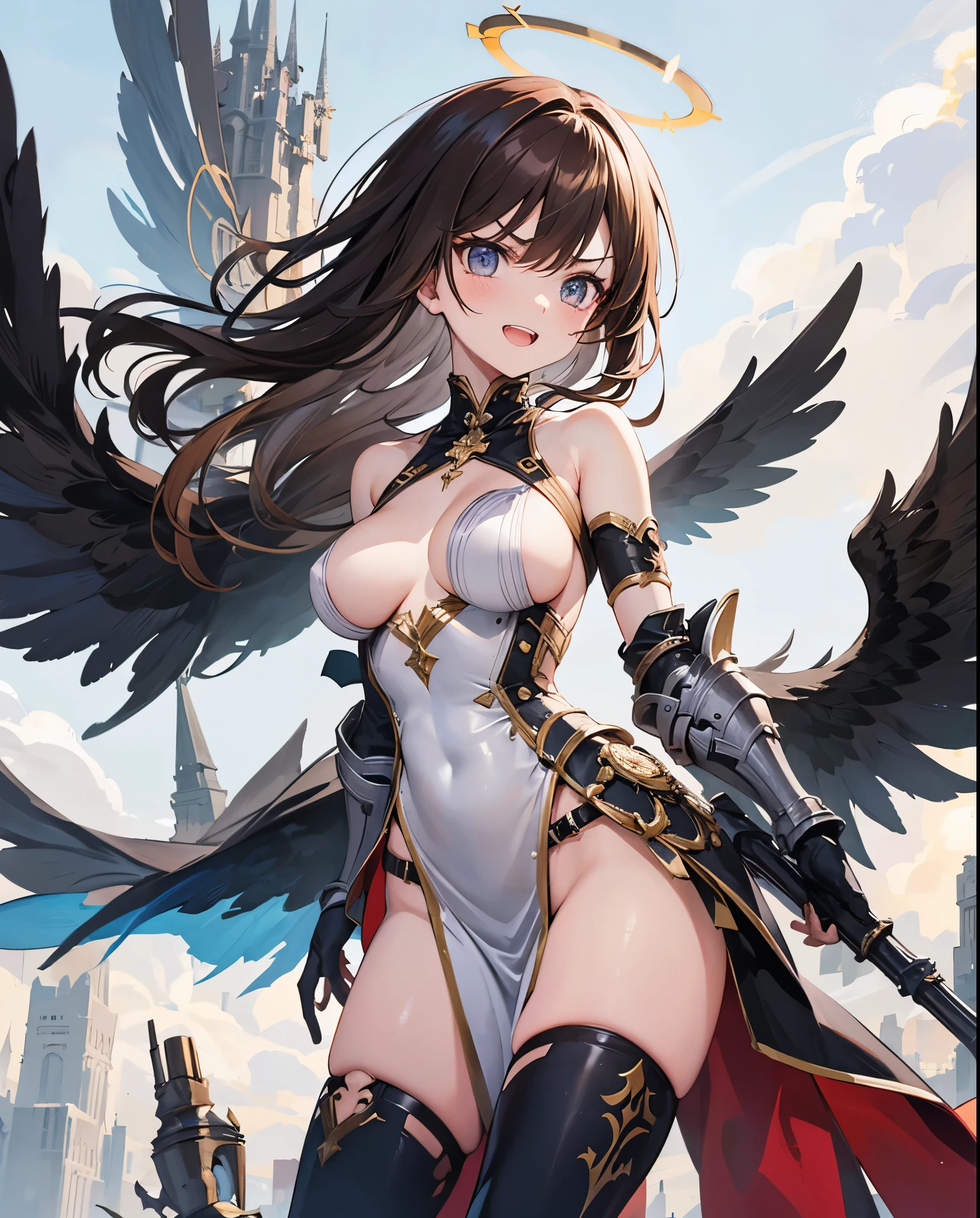 fantasy, 1angel_girl,, ,brown_hair, medium_bob_hair, long_bangs, halo,bare_shoulder,thighhighs,silver_armor, waist_armor, large_breasts,angry,grinning,open_mouth_teeth, 1pair_wings, dynamic_pose_fighting,floating, bare_crotch, headgear,gauntlet, greaves,city_background,slightly_spread_legs, solo, groin_naked,
