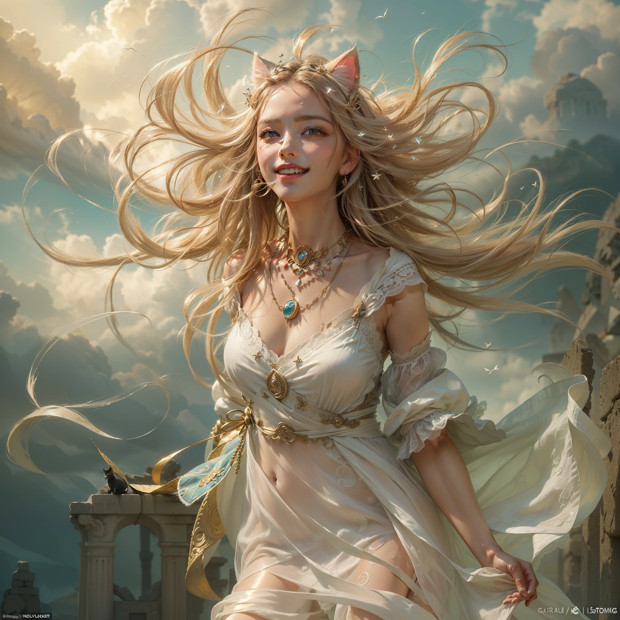((cat ears on head)), (award-winning masterpieces galore, incredibly detailed, textured and maximally detailed), (hyper realistic: 1.4), (realistic: 1.3), (top quality realistic textured skin), (dense perfect circle, symmetrically beautifully rendered(angelic light, circle of divine radiance, overhead: 1.8), ((medieval world)), (beautiful gentle eyes), (love the sky with beautiful colored eyes and wonderful cloud mass), (halo optical phenomenon: 1.3), (dramatic light), (wonderful scenery), (verybeautiful expression), , flower earrings in her ears, (((dramatic photo))), (twilight), (sunset), (dusk), ((sacred pose)), (silver hair), (orange hair), (chestnut hair)), flower garden, (elaborate necklace around her neck), old ruins infested with plants, great temple, greatcathedral, ruins of a temple, remote temple, (glowing magic circle), ruins of an ancient castle, desolate ruins, crumbling ruins, ancient ruins with clear water, holy light, epic realistic, ((neutral color)), (HDR:1.5), (subdued color:1.2), highly detailed, cinematic, warmLight, Dramatic light, (Complex details:1.1), Complex background, Petals, Pastel colors