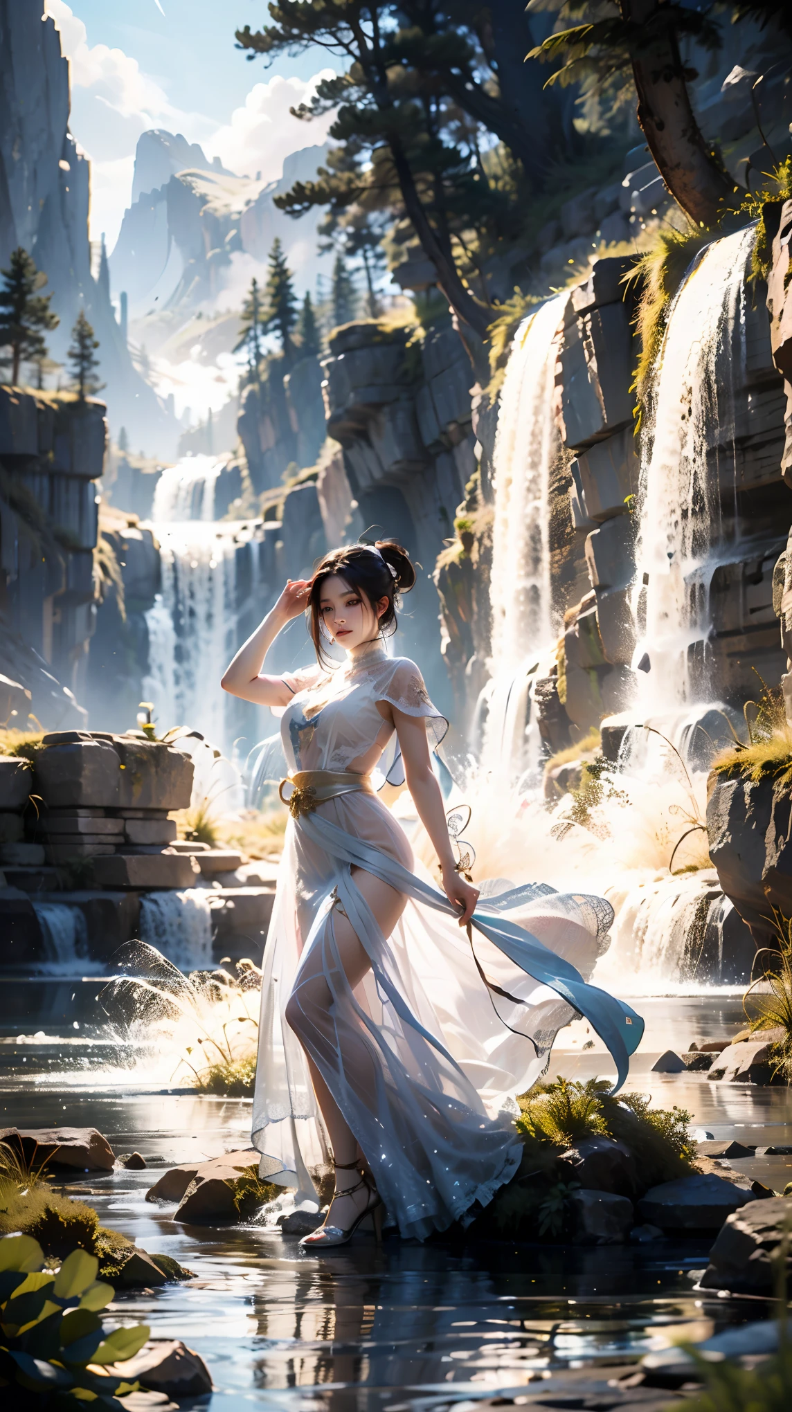 (Good structure),HDR,UHD,8K,1girl,The soapy cascading gown, the girdle around the waist, the cap on the head, the ancient sword in the hand, dancing like a waterfall, with the temperament of a chihuaxia woman, the mountains and cliffs are high, the clouds are bright, the sun is shining, the waterfall is like a galaxy, dancing like a waterfall, handsome and beautiful, 1girl, glow,Hazy light,Floodlight