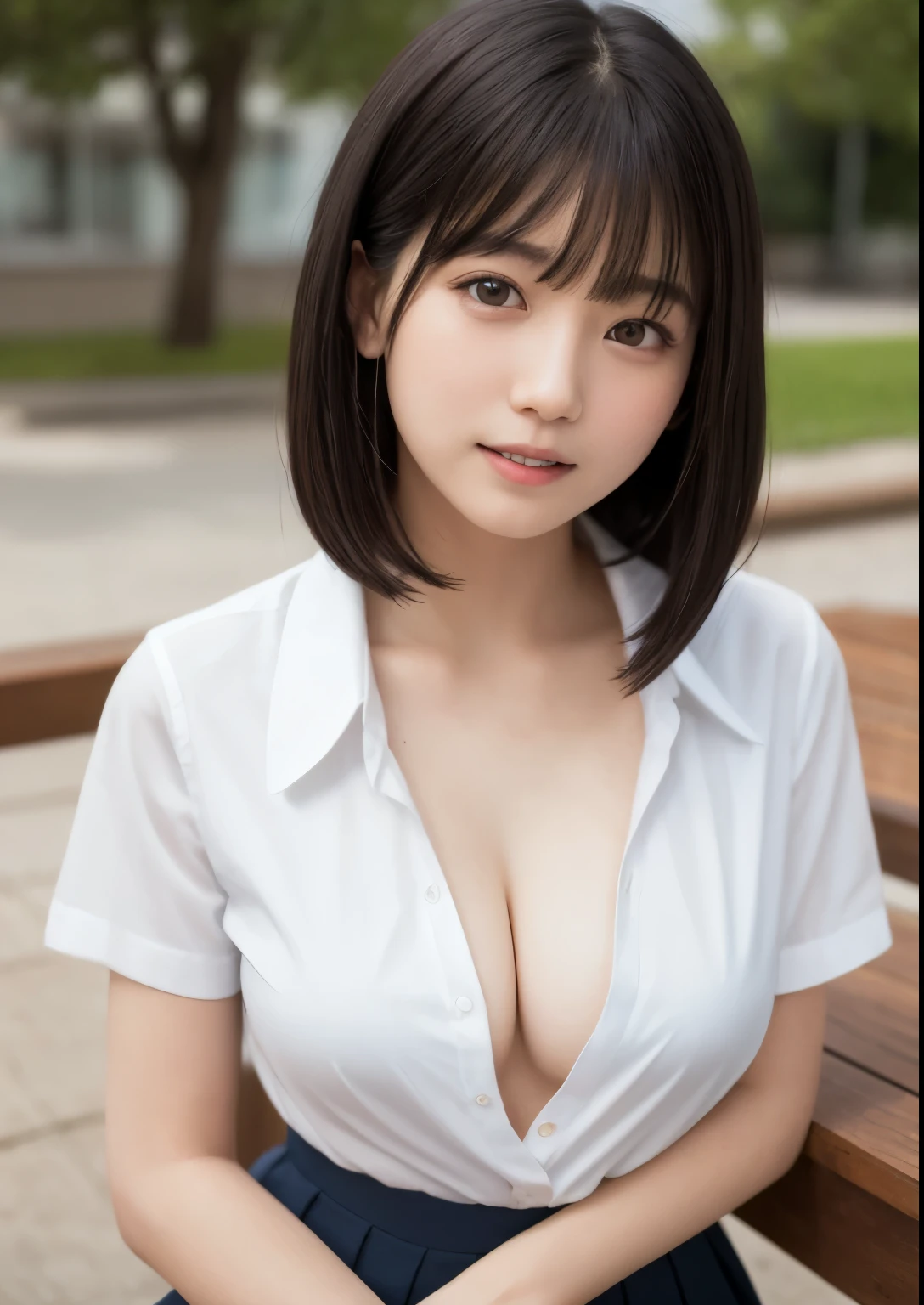 table top, highest quality, 8k, , 15 year old girl, RAW photo, absurd, award-winning portraits, smile, alone, (noon:1.8), idol face, delicate girl, black hair, shortcut, short hair, bob cut, Upper body, school uniform, white blouse, short sleeve, White collar, thin fabric, The skin is transparent, No bra, not wearing underwear, ((I can see the nipples)), cleavage, Digital single-lens reflex camera, looking at the viewer, Frank, Sophisticated, thick arms, professional lighting, film grain, chromatic aberration, (Eye and face details:1.0), (Bokeh:1.1) , (White Shirt Blouse:1.1) , cleavage. close your mouth , black haired , drooling eyes , big and full breasts , plump lips, white skin