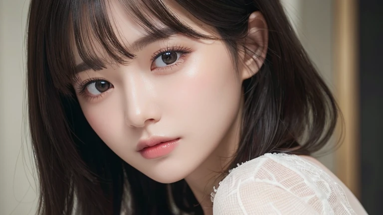 (close:1.5), (highest quality、4k、masterpiece:1 )、Beautiful woman、Woman 1 Mature Woman Person、very detailed顔、lip details、detailed eye、double eyelid、Japanese、(RAW photo、highest quality)、(lifelike、realistic:1.3)、masterpiece、very delicate and beautiful、very detailed、nffsw、unity、8k、amazing、Detailed details、Super detailed、High resolution、absurd、soft light、(dark black hair、short hair、curly hair、messy hair、bangs)、detailed beautiful girl、finger details、highly detailed eyes and face、beautifully detailed nose、detailed and beautiful eyes、(light shines on your face)、look at the audience、(closed)mouth:1.2)、1 girl、adorable、your natural face、white skin、(Half body:1.3、Sedentary posture)、(medium breasts)、lifelike face、realistic body