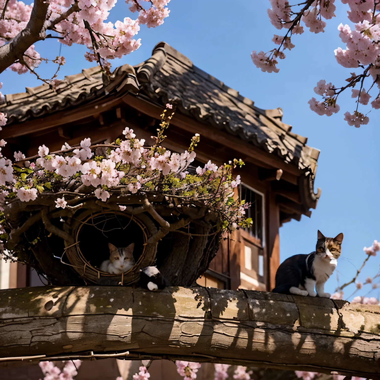 A cherry blossom tree, a bird with nest in a brunch of that tree, a cat under the tree looking at the nest, the whole scenario is under blue sky
