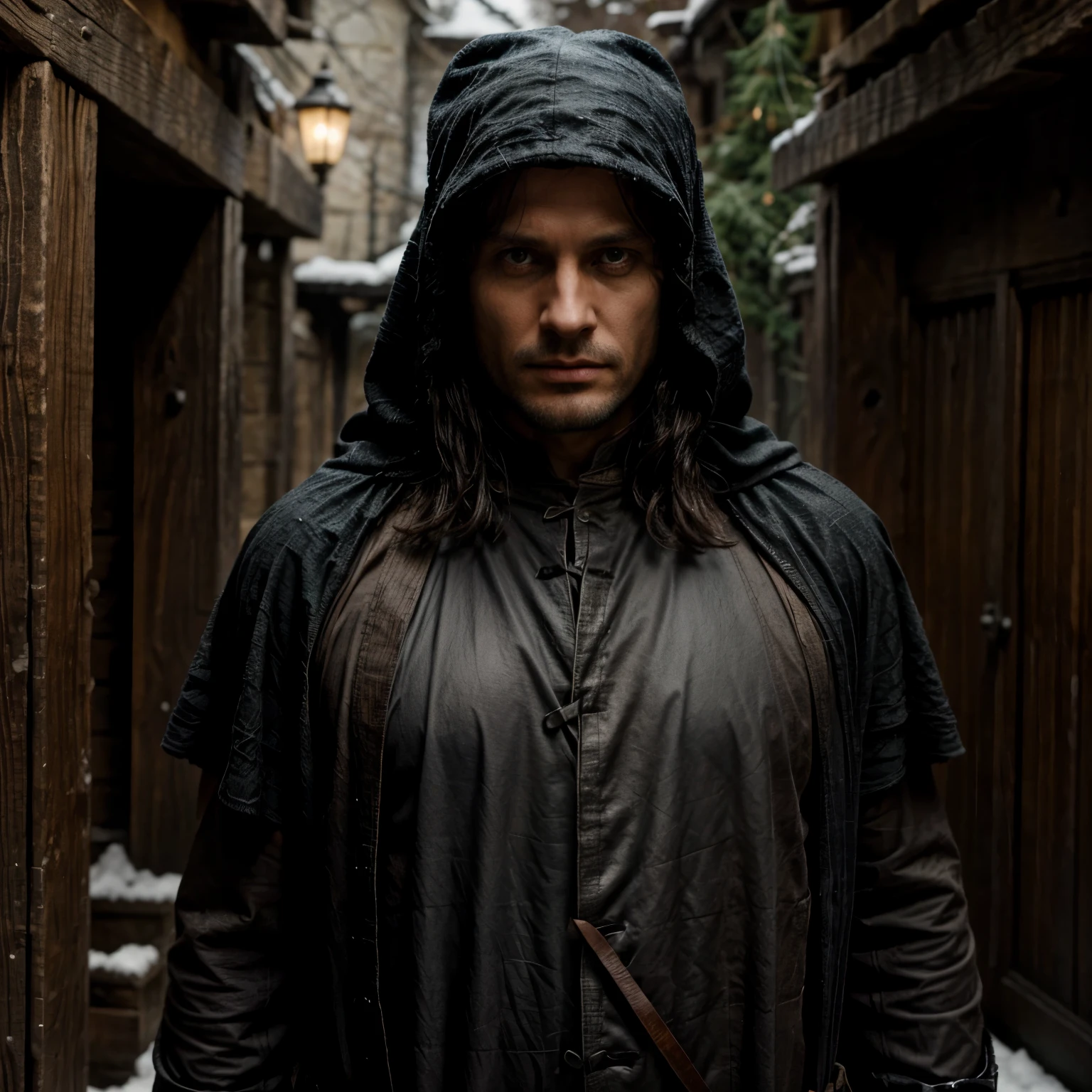 Aragorn shaved face character from The lord of the rings with the character's costume and black winter hat covering all head