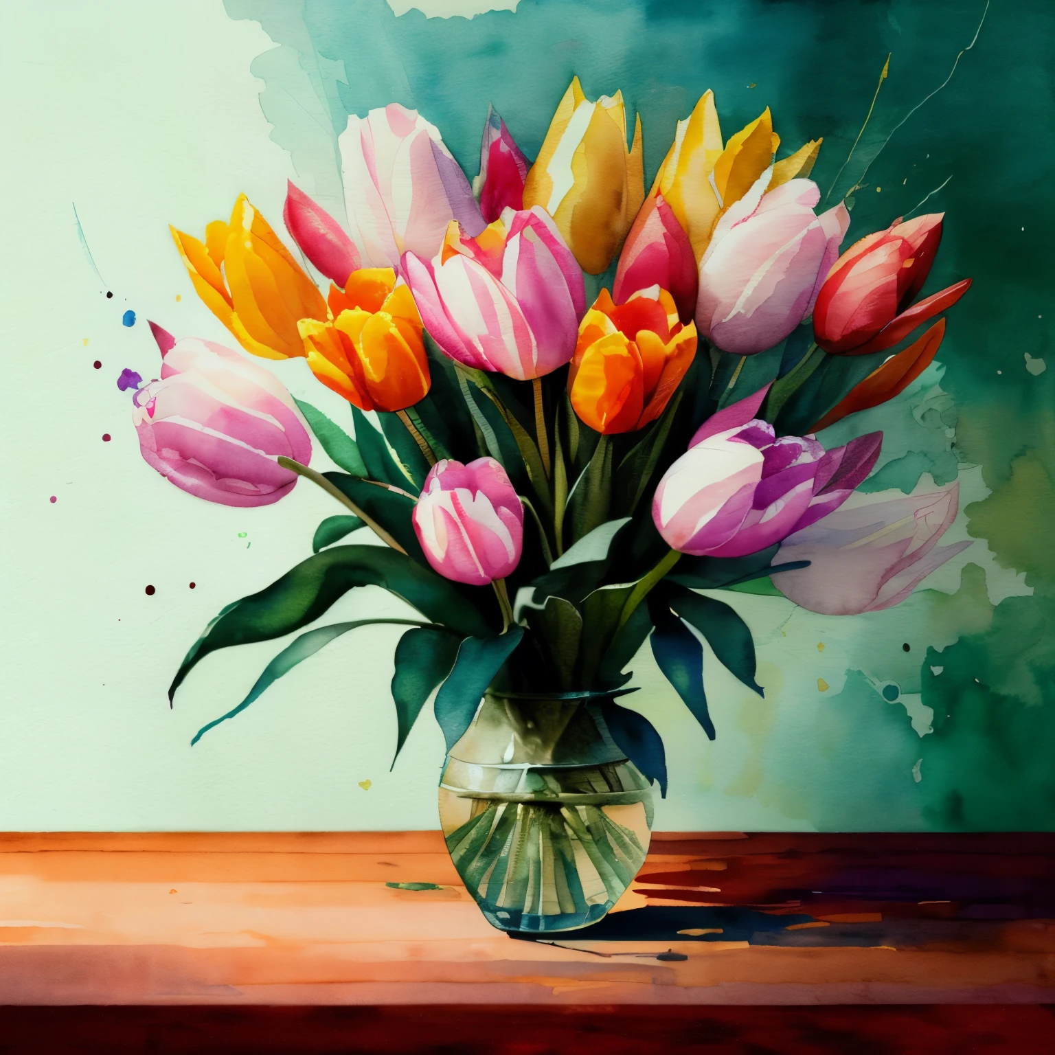 colorful style, Digital art of a vase of flowers, mostly tulips, Use a variety of flowers, many different flowers, official art, masterpiece, beautiful, ((watercolor)), paint splatter, intricate details. Highly detailed, detailed, [dripping water:0.5], Popular topics on Artstation, by Rachel Walker, looks like a real painting, center, highly detailed, best quality, masterpiece,