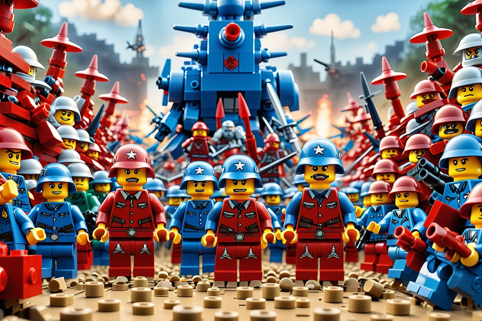 In the vivid and detailed world of LEGO，((Red Lego and Blue Lego have reached the final moment of battle:1.8))，A vast battlefield intricately built with Lego bricks，(Showing two completely different battles confronting each other:1.5)。At the forefront of both teams，(Two LEGO generals stood confronting each other:1.8)，Their expressions are fierce，Keep your eyes open，His eyes exude authority and fighting spirit。Behind them，Rows of Lego soldiers，Each character is designed with unique combat equipment，assume an aggressive stance，Ready to follow orders and charge。The circumstances around them were evidence of the impending，The temporary fortifications and the air are filled with tension.。((Another branch also reflects this state of readiness))，The stage is set for an epic LEGO showdown，((from side:1.8)), sideways
