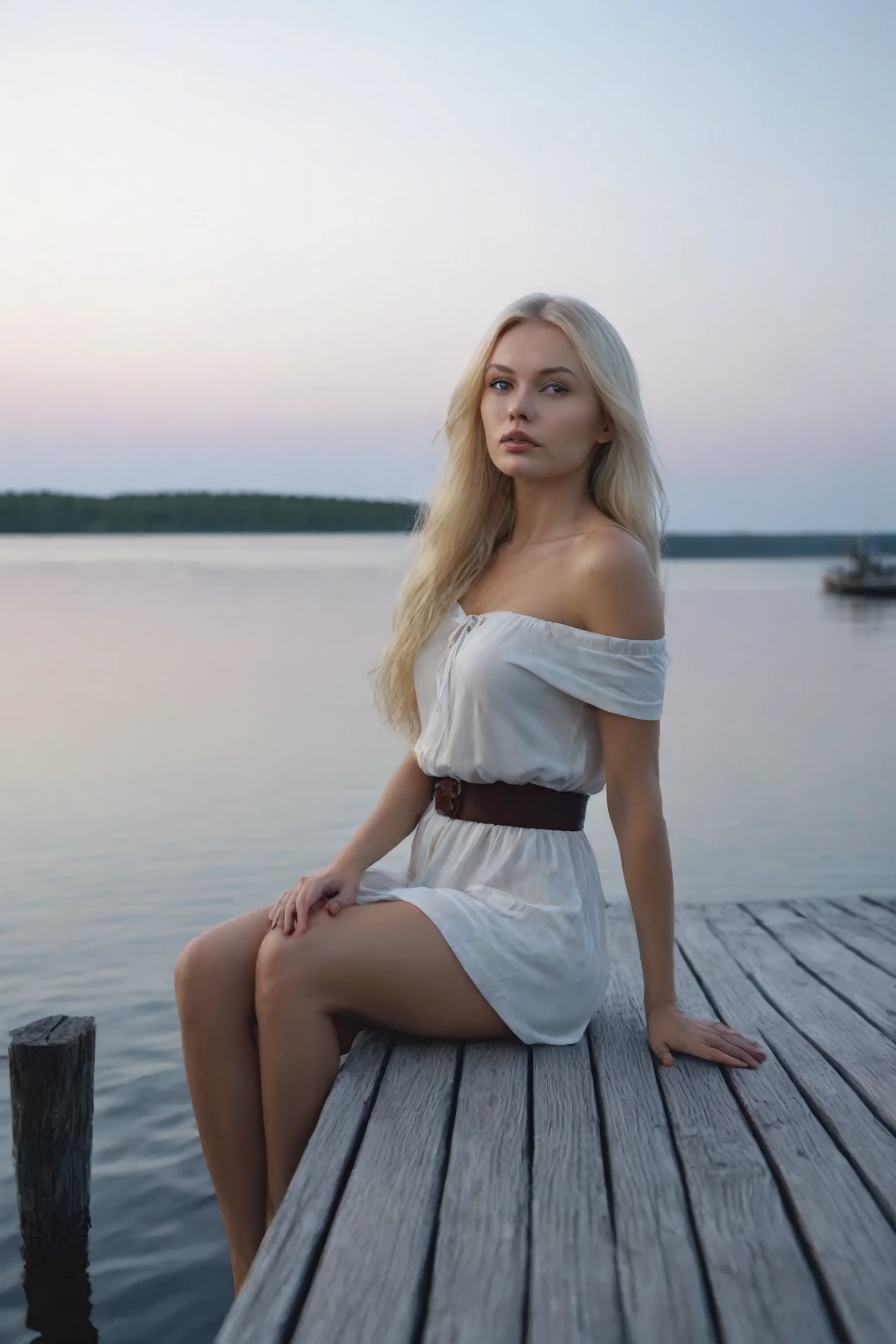 arafed blonde woman sitting on a dock looking out at the water, irina nordsol kuzmina, blonde swedish woman, anna nikonova aka newmilky, ekaterina, beautiful nordic woman, olga buzova, viktoria gavrilenko, yelena belova, julia gorokhova, dasha taran, anastasia ovchinnikova, looking to the camera