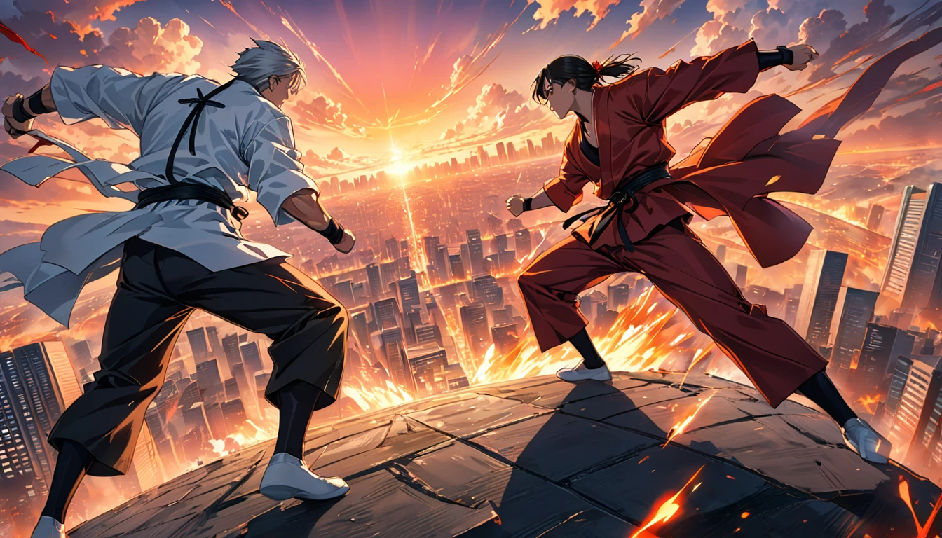 Anime illustration,, A dramatic and intense final showdown scene, where two skilled martial artists are engaged in a high-stakes battle. The background is a city skyline with tall, modern buildings, and a vibrant sunset. The atmosphere is a mix of adrenaline and suspense, with a sense of the stakes being higher than ever., high res, best quality, masterpiece, 