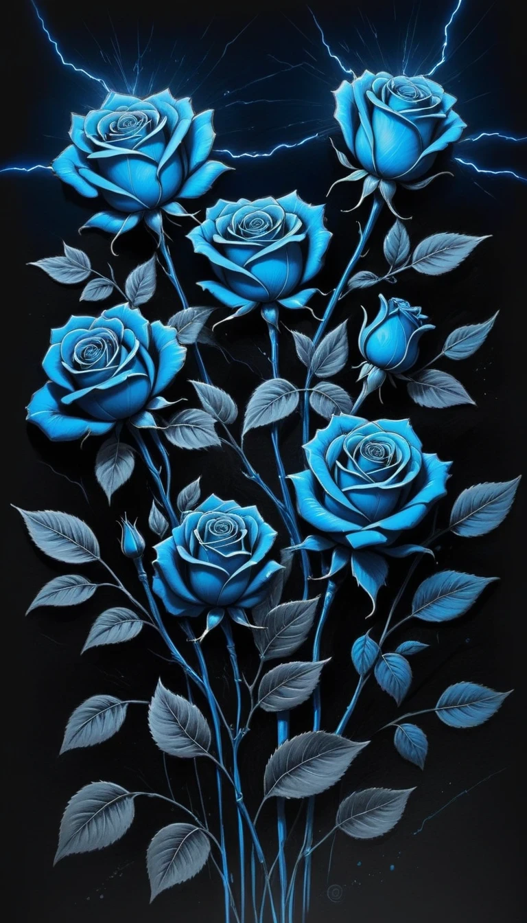 (pencil_sketch:1.2, messy lines, Grayscale, traditional media, sketch),on dark electric background, Stylized outline of blue electric charges forming electricity (((book of man))) and roses , bioluminescence,