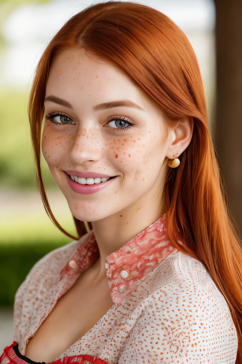 A hyper-detailed photography of a charming woman with honey-colored eyes and vibrant red hair, wearing a bright smile. The soft light illumines the realistic portrait, capturing every intricate detail of her features. Her pores can be observed on her textured skin, and her luscious lips are subtly parted. She is dressed in an elegant blouse, the buttons almost popping off due to the vivid realism of the image. This chica con pecas (woman with freckles) is a masterpiece in itself, a perfect representation of beauty and character.