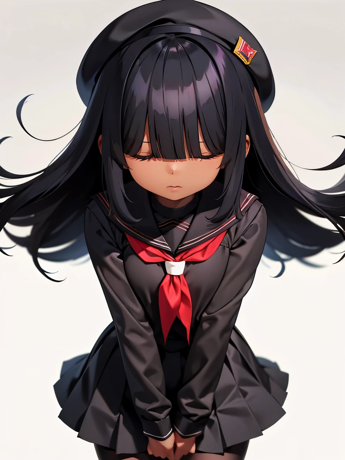 Black hair, short, teenager, black skin, medium hair, black beret, long bangs, bangs covering eyes, covered eyes, black tights, kuudere, emotionless, expressionless, skin, brown skin, red clothes, very long bangs, school, bangs over eyes, school uniform, hair over eyes