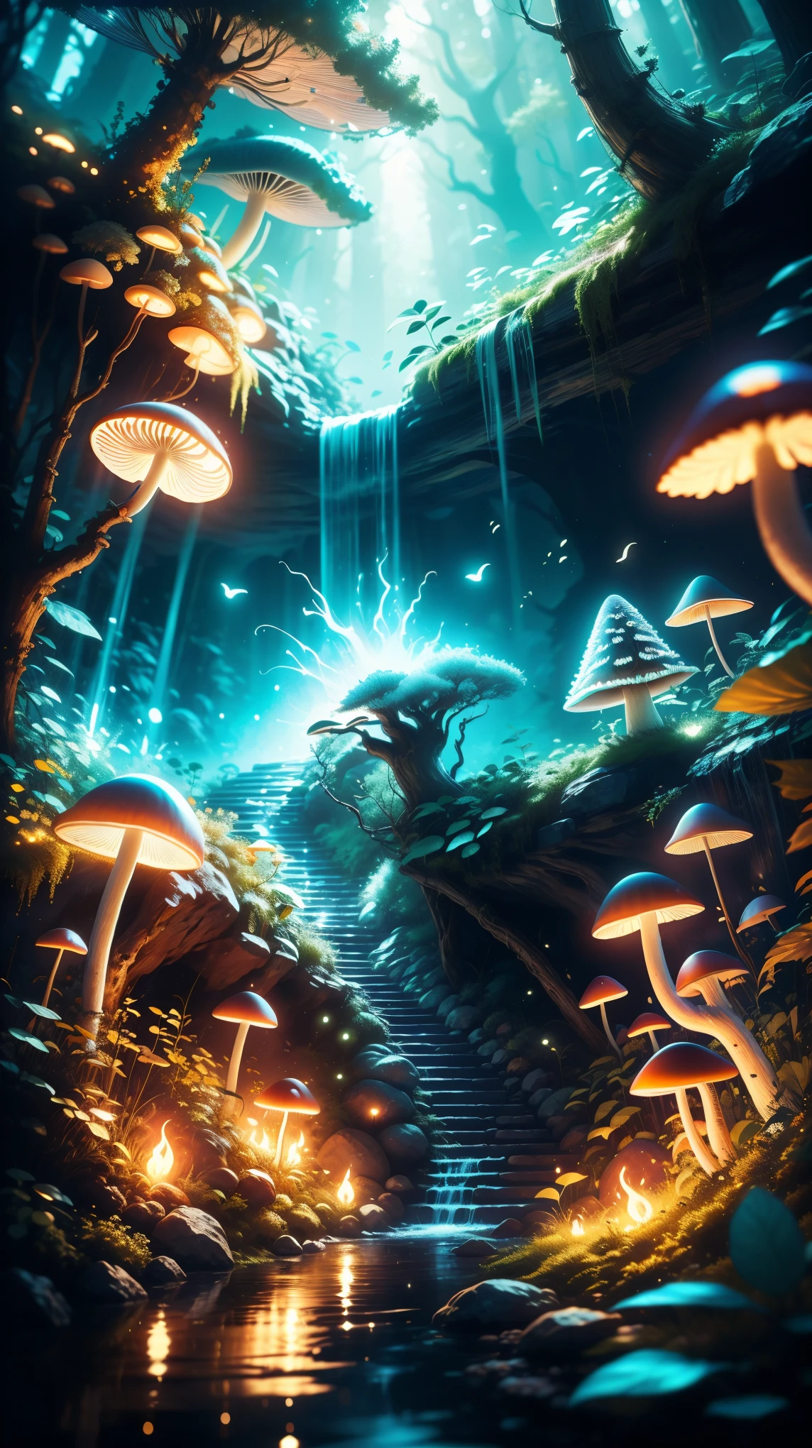 (Good structure),HDR,UHD,8K,absurdres, highres, ultra detailed, (1girl), BREAK, infrared photography, otherworldly hues, surreal landscapes, unseen light, ethereal glow, vibrant colors, ghostly effect, Enchanted forest with shimmering fireflies, mystical glowing mushrooms, ancient trees with intricate carvings, a hidden pathway leading to a magical waterfall, ethereal mist floating in the air, creating a dreamlike atmosphere, illustration style capturing the fantastical elements, by a stream, , glow