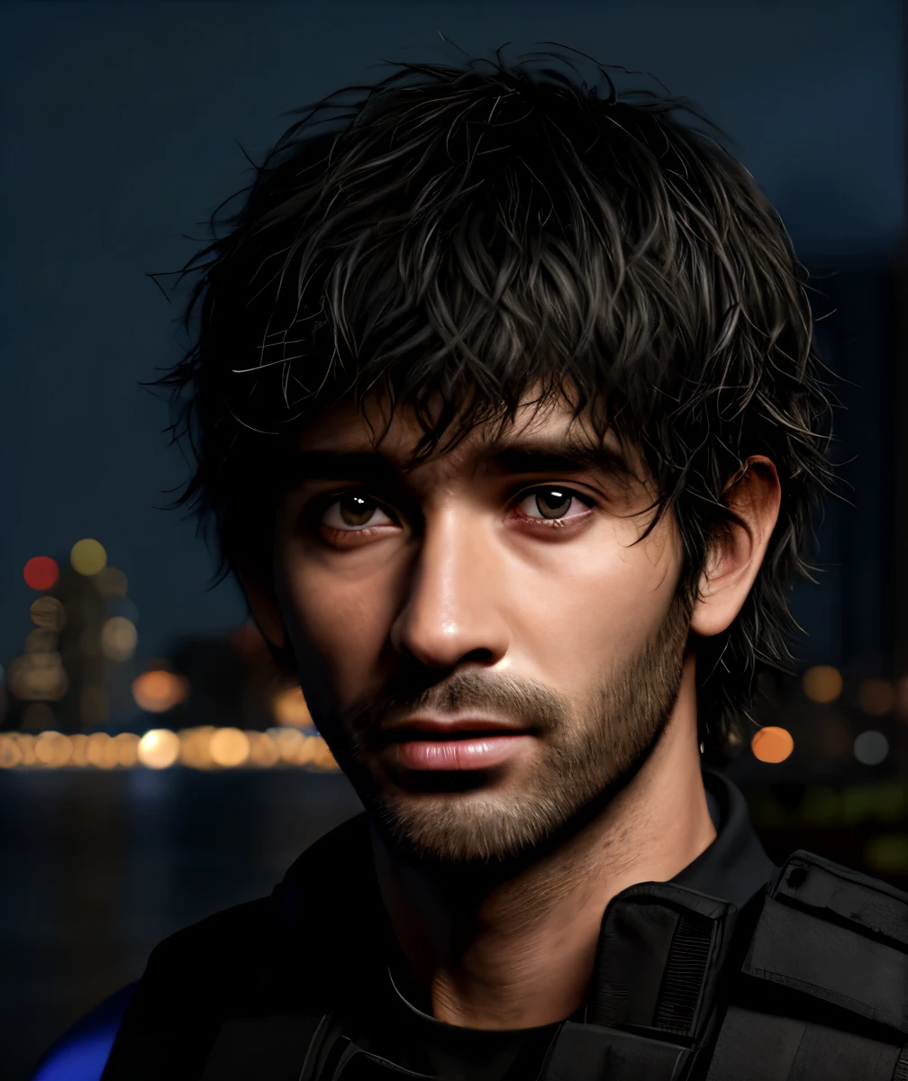 1male, masterpiece, 4k, ultra realistic, policeman, city night background, carlos oliveira, portrait, black shaggy hair 