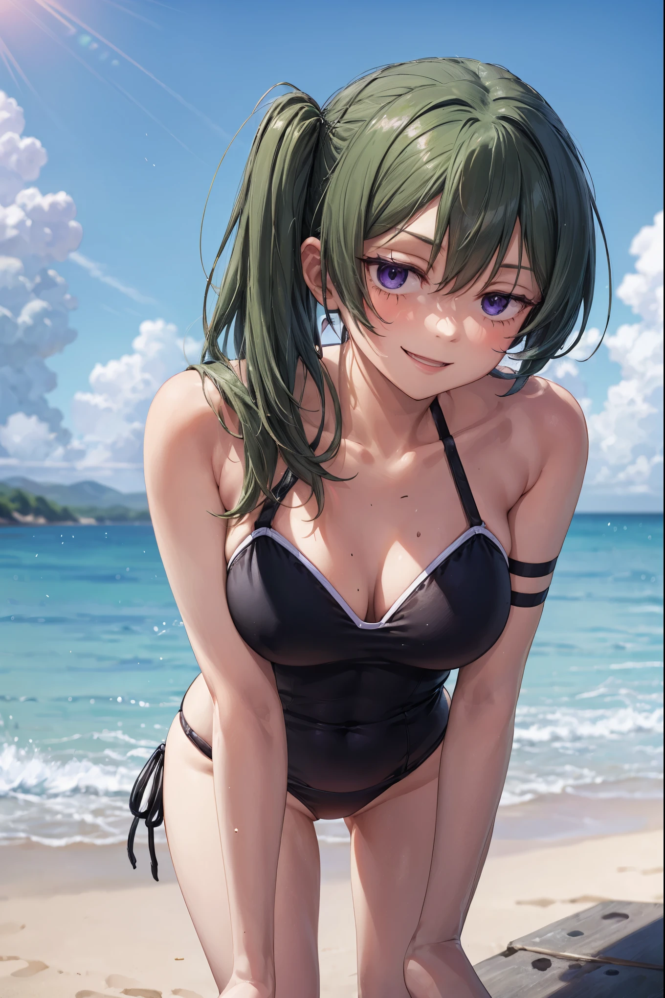 masterpiece, highest quality, 8k, ultra high resolution, highest quality, anime style, best writing, beautiful face, masterpiece
(cowboy shot:1.3), Don'don't look at the audience, smile, blush, Yubel, long hair, side ponytail
(black one piece bikini:1.3)
beach, sit on the beach, (leaning forward:1.3), simple white background, free pose