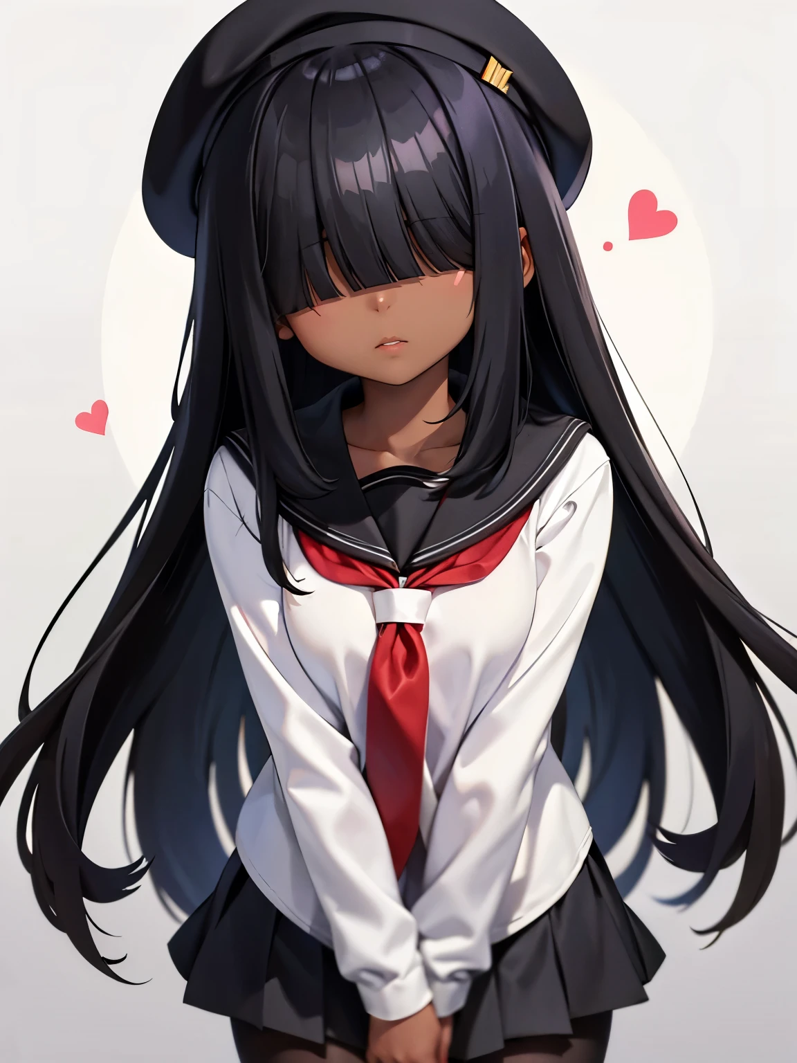 Black hair, short, ager, black skin, medium hair, black beret, long bangs, bangs covering eyes, covered eyes, black tights, kuudere, emotionless, expressionless, skin, brown skin, white clothes, very long bangs, school, bangs over eyes, school uniform, hair over eyes, lots of hair