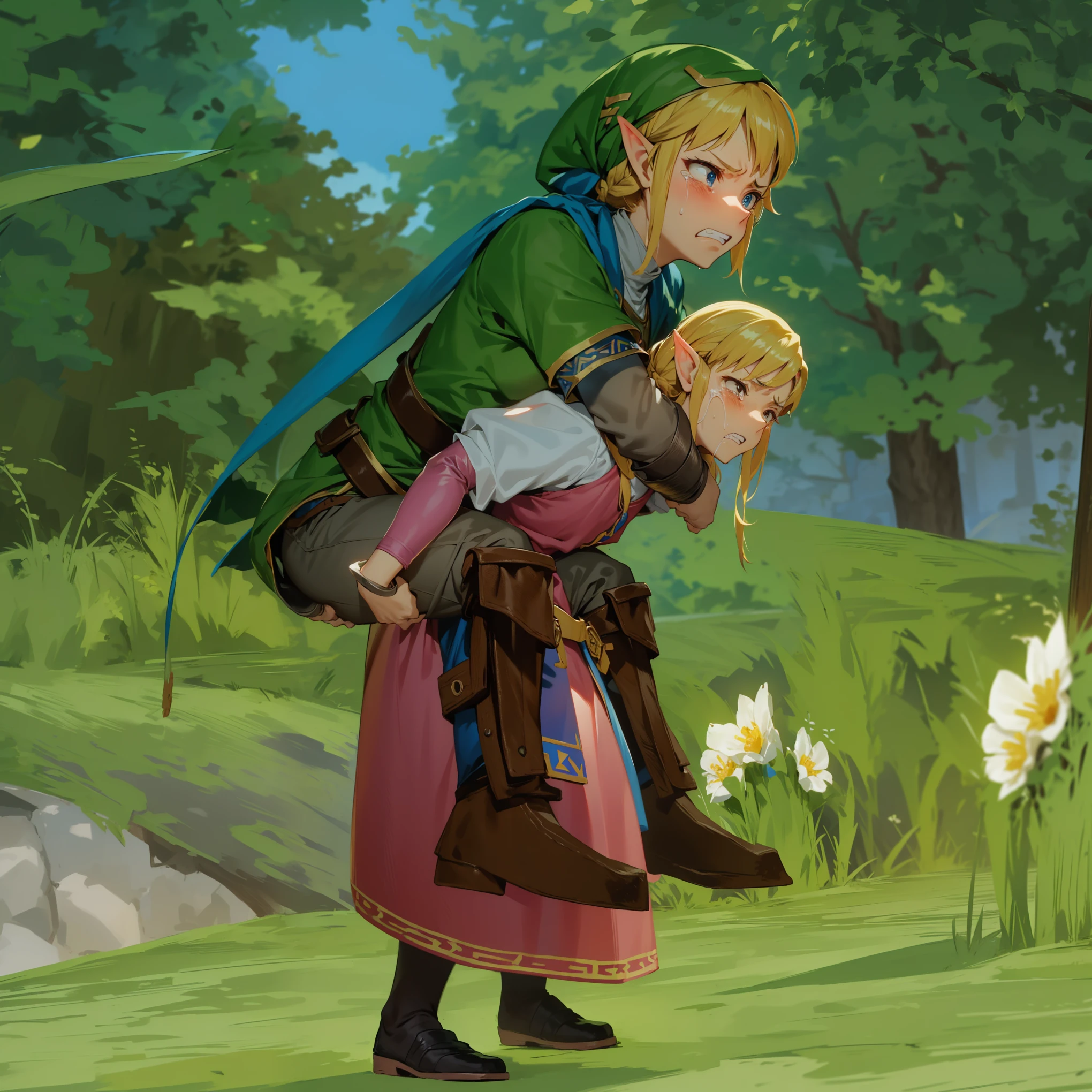 piggyback ride, size difference, angry, crying, clenched teeth, struggling, exhausted, pain, zelda,