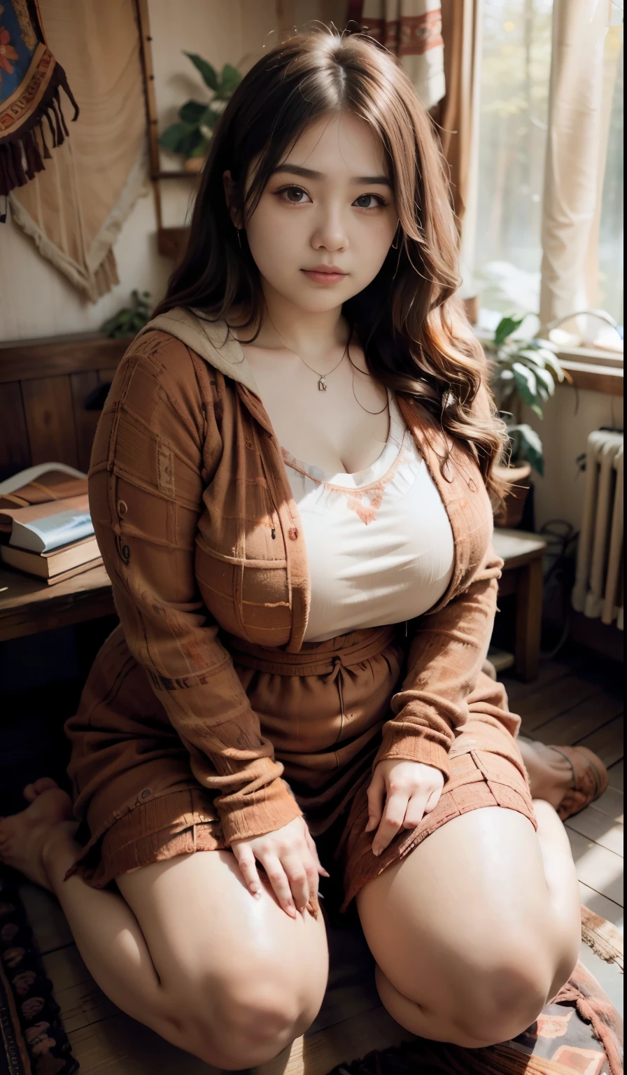 there is a woman sitting down with a wavy brown hair, bbwchan, thicc, brown hijab outfit, brown hairstyle model, korean girl, korean woman, wearing brown robe, full length shot, alluring plus sized model, japanese goddess, clothed in hooded, voluptuous and arousing, portrait shot, curvy model, voluptuous body, wonderful, nene tanaka body , bbwchan, The overall atmosphere is smooth , haunting illustrations, extremely high-resolution details, photographic, realism pushed to extreme, fine texture, 4k, ultra-detailed, high quality, high contrast, red sneakers , cold atmosphere ,,