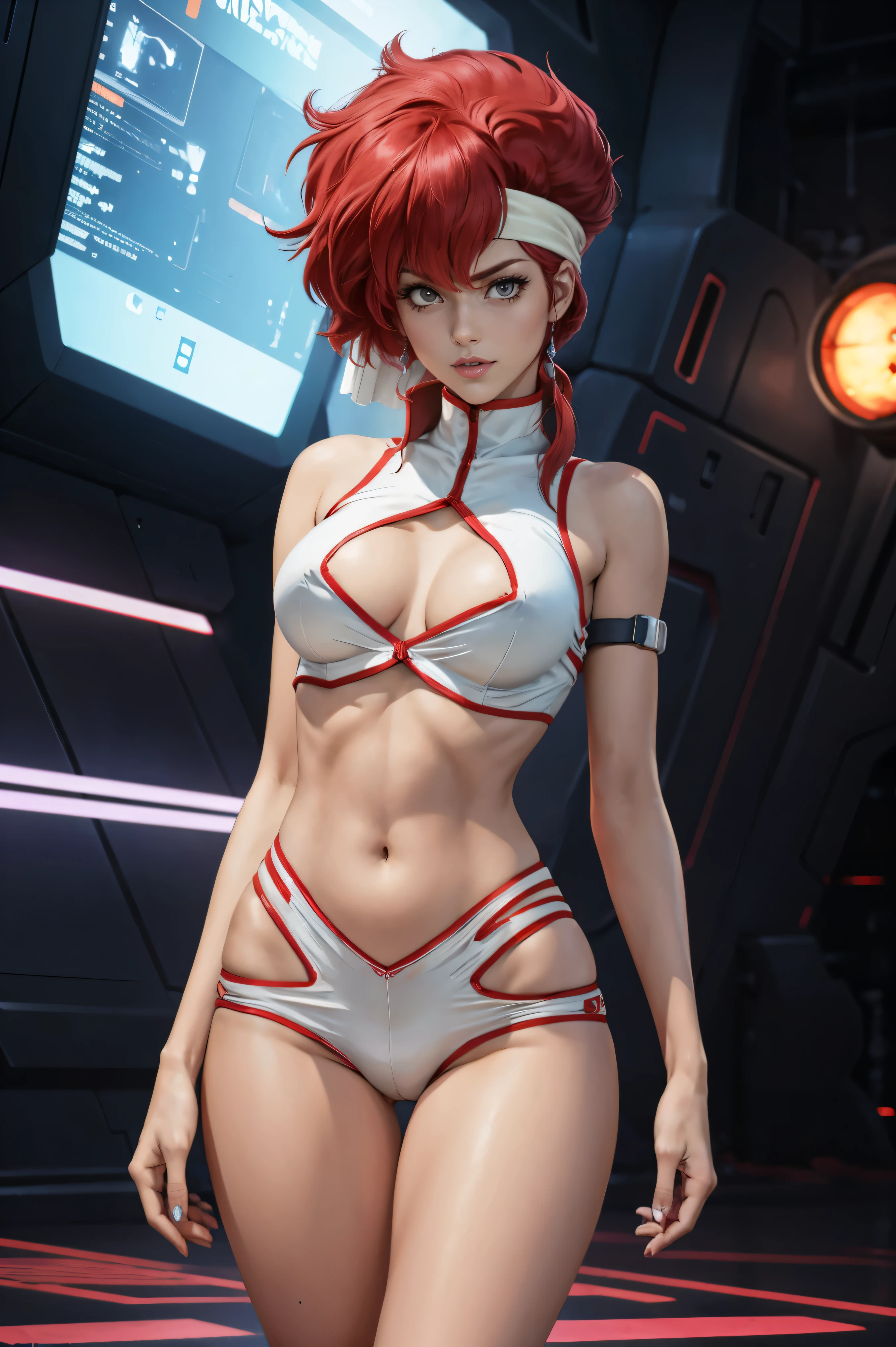 Very skinny Kei from The Dirty Pair, emaciated, wearing a tight  outfit, skinny frame, skinny legs, medium breast, red hair beauty, cyberpunk city background, holding retro space-gun, headband, slim waist, very slim thighs, very skinny thighs, very thin thighs, very slender thighs, lanky, thigh gap, thigh gap, 