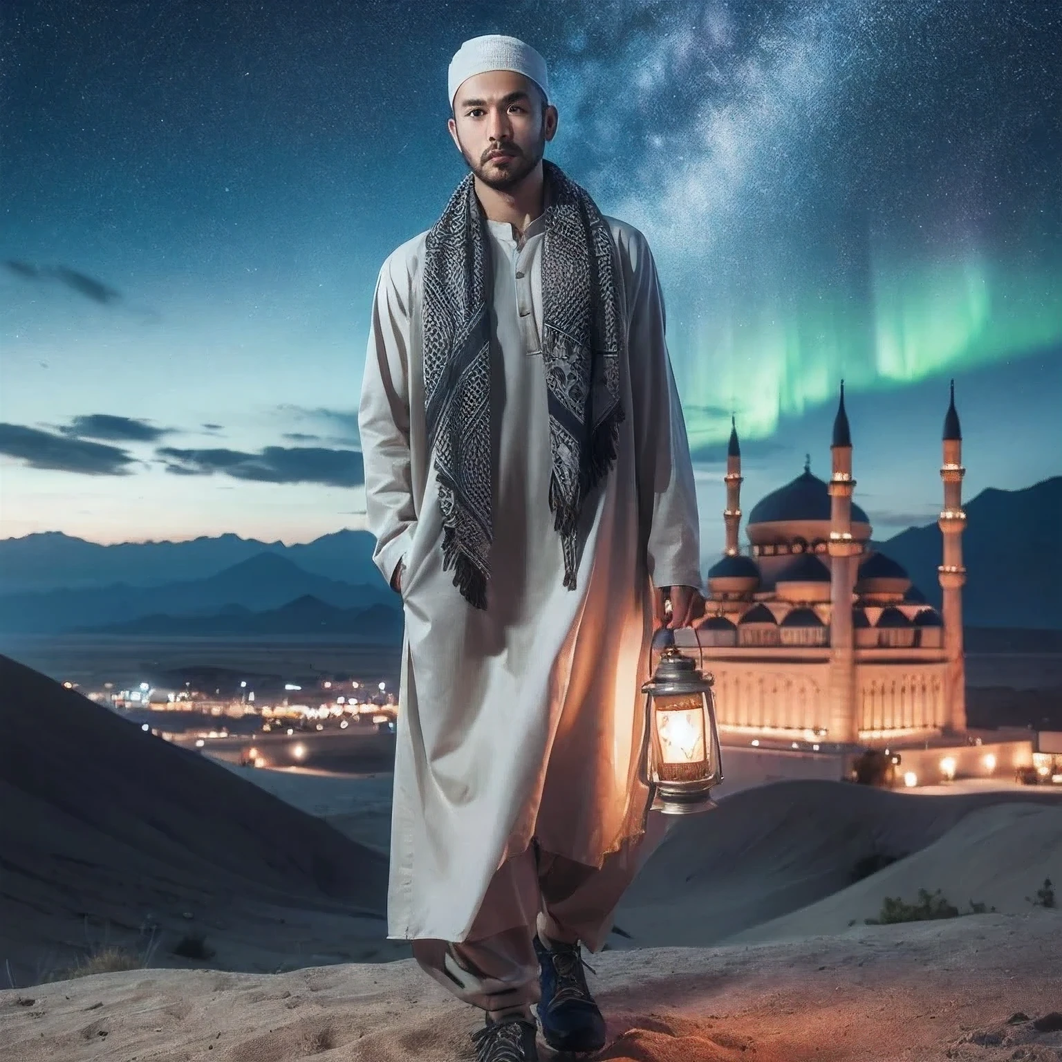 Full body, an asian man with undercut side back hair wearing a white skullcap wearing a kurta and an Arabic Scarf, feet visible, standing on a desert hill, a traveler, handsome man pose, holdinga lit lantern, nighttime atmosphere with a clear sky full of stars, the sky with aurora, sky with full moon, background of a magnificent mosque and small town with colored lights visible from a distance, flat face looking at the camera