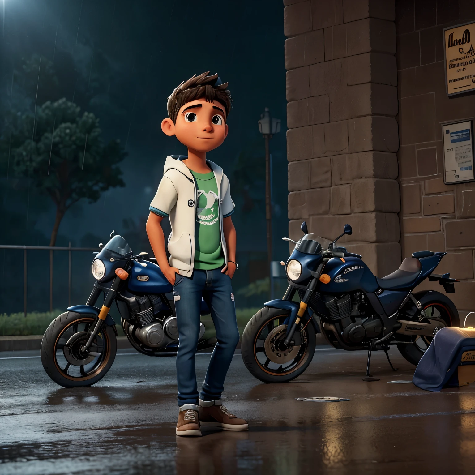 Describe la escena de un joven con capucha., vistiendo una sudadera negra y jeans, parado en la acera en una noche lluviosa. He is looking at a shiny sports bike passing by on the road.., Your admiration visible in your eyes.. La luz de los faros se refleja en los charcos de agua que te rodean., while the rain falls softly on him. El sonido del potente motor resuena en el aire., mixing with the sound of the rain. The remains motionless., capturado por la elegancia y la velocidad del coche, Dreaming of the day when you can be behind the wheel of such an impressive machine..