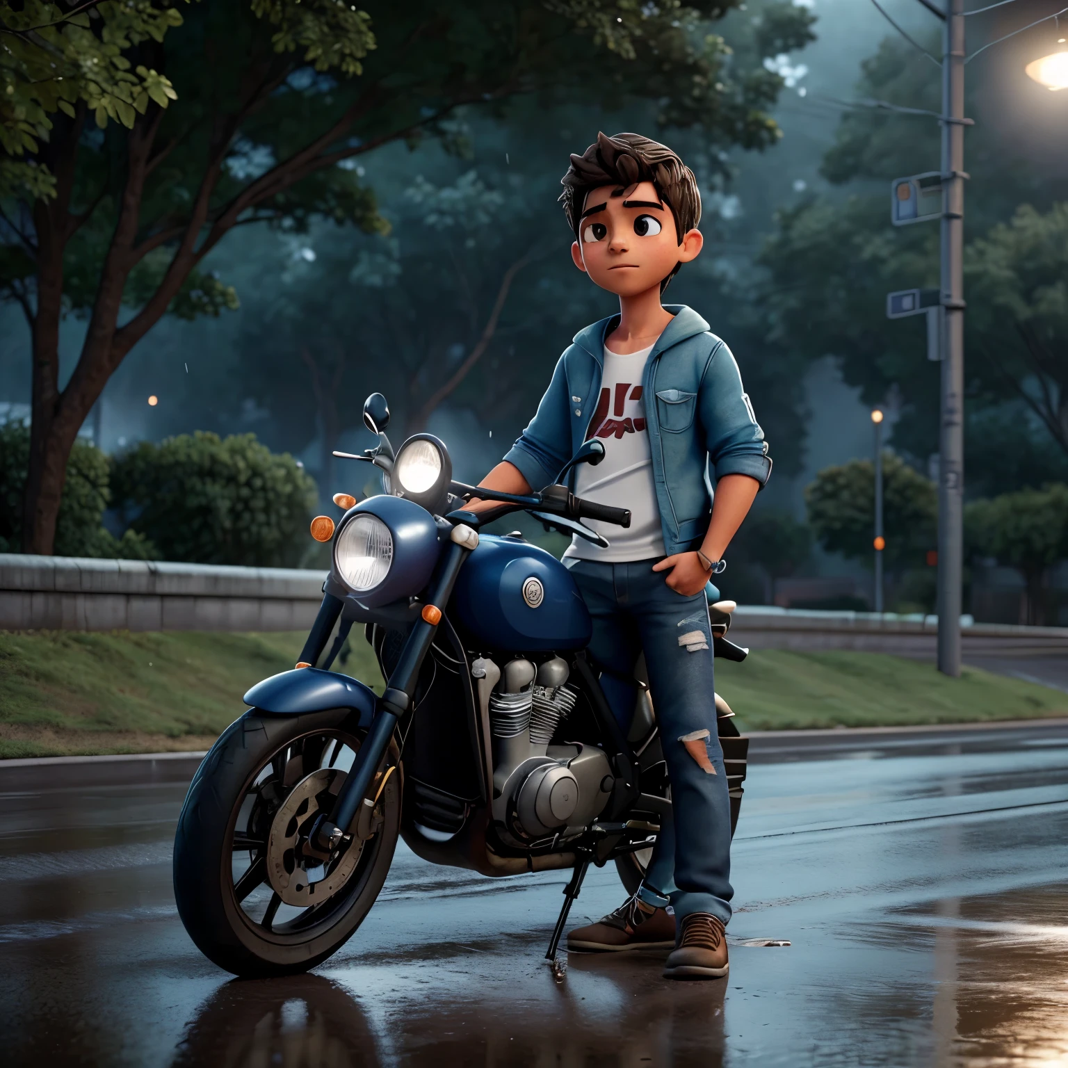 Describe la escena de un joven con capucha., vistiendo una sudadera negra y jeans, parado en la acera en una noche lluviosa. He is looking at a shiny sports bike passing by on the road.., Your admiration visible in your eyes.. La luz de los faros se refleja en los charcos de agua que te rodean., while the rain falls softly on him. El sonido del potente motor resuena en el aire., mixing with the sound of the rain. The remains motionless., capturado por la elegancia y la velocidad del coche, Dreaming of the day when you can be behind the wheel of such an impressive machine..