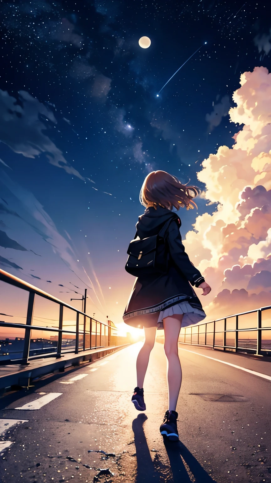 A girl walks along the road towards the moon and the stars,musicwaveai
