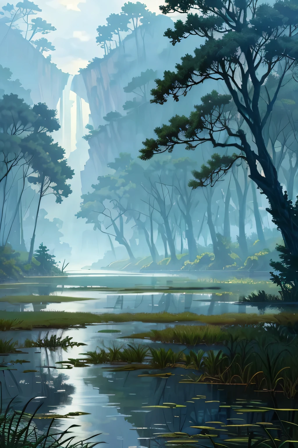 ancient times, swamp, deadwood, watery, wetlands, trees, high grass, clear water, cloudy, dim, (masterpiece, best quality: 1.2)