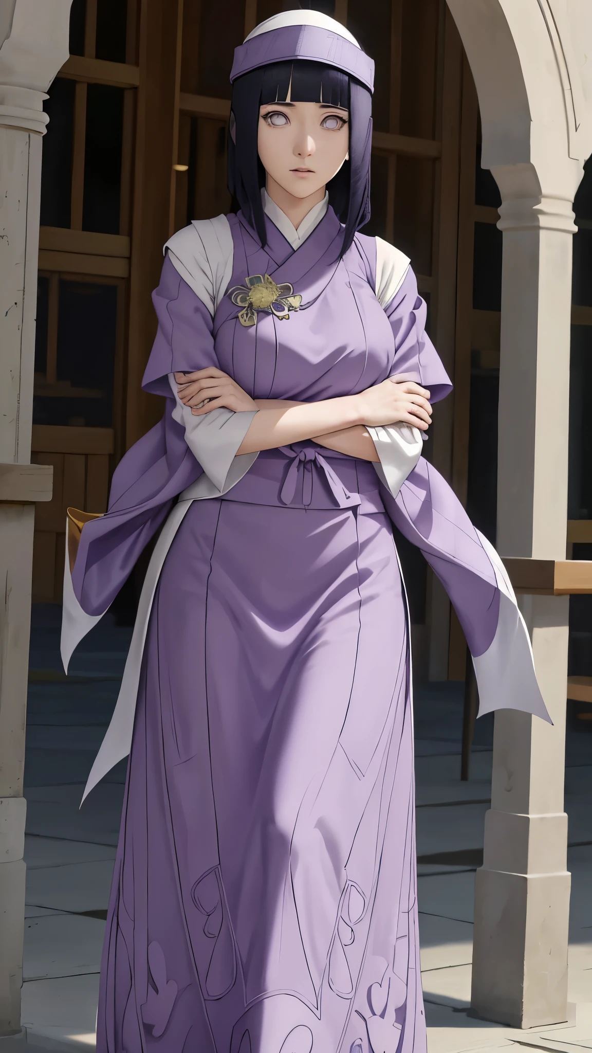 (1girl), (Hyuga Hinata from Naruto Shippuden in anime style), Long hair, (Dark blue hair with a subtle sheen), White eyes, (Byakugan eyes gleaming with focus and intensity), Beautiful, (Purple clothes hugging her slender figure), Wearing a mukena (traditional Muslim garment), (Wear the hijab, head covering, tied elegantly), Gamis (richly textured, purple fabric), Mosque background (intricately designed with geometric patterns), Ultra detail (every fiber of Hinata's garment and the mosque's architecture is meticulously rendered), Realistic (highly detailed and lif