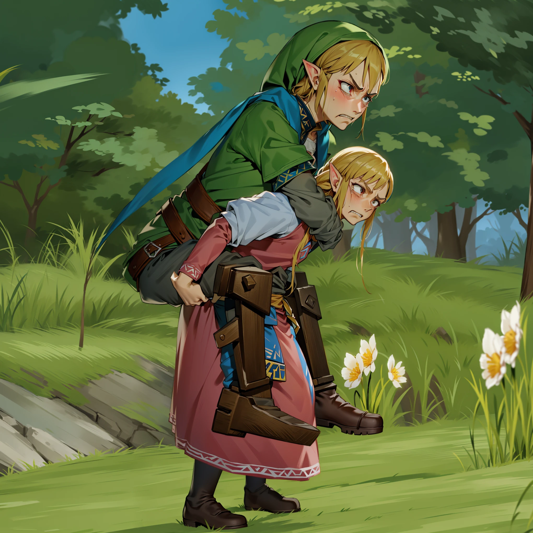 piggyback ride, size difference, angry, crying, clenched teeth, struggling, exhausted, pain, zelda,