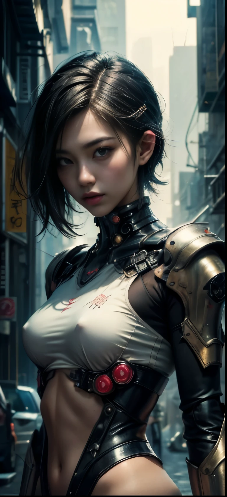 NSFW(((masterpiece))), (((Best Quality))), ((Ultra-detailed)), (extremely detailed photo), ((extremely delicate and beautiful)),(Cute delicate face), an image of cyberpunk, steampunk, sci-fi, cyberpunk fan art, cyberpunk hd wallpaper, cyberpunk art, cyberpunk pics, cyberpunk images, ((tall and A 35 years old cool German quarter Asian girl)),Upper body,solo,short hair,looking at viewer, mecha musume, armor ,(beautiful face and eye), double eyelid,delicate skin,slender body shape,small breast,