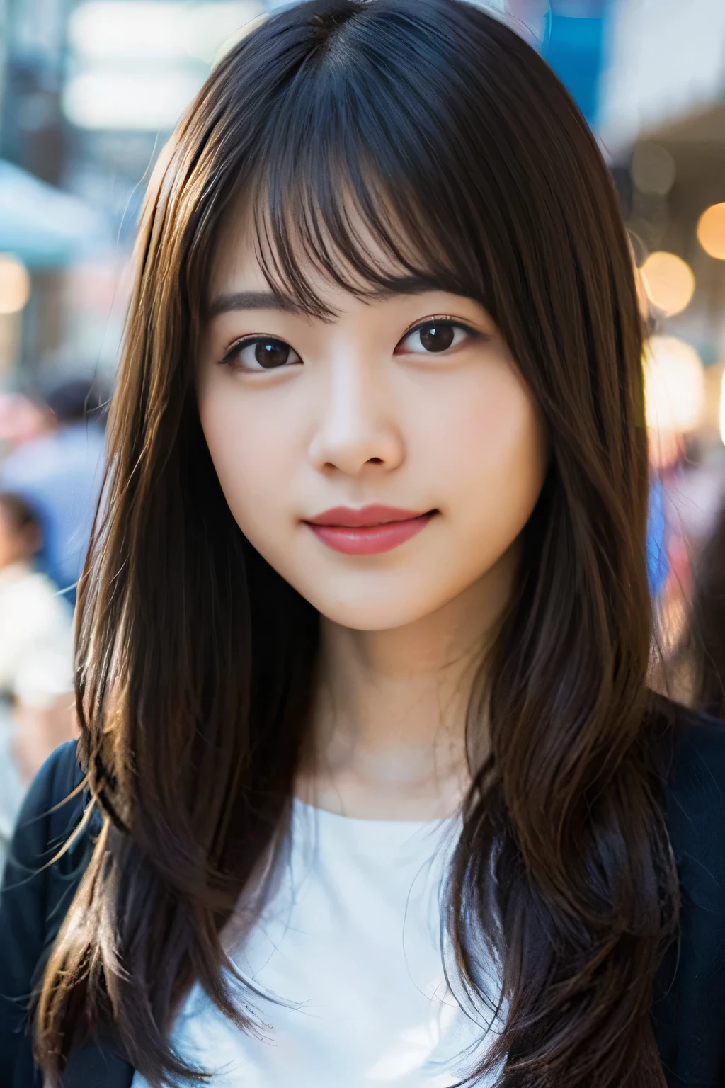 (8k、RAW photo、highest quality、masterpiece:1.2)、(realistic、Photoreal:1.37)、Super detailed、超A high resolution、1 girl、see the beholder、beautiful and detailed face、laughter、narrow、(slim waist) :1.3)、Fine and beautiful skin、skin texture、floating hair、professional lighting、as a whole human body、long hair、blonde、in the street、bob hair、cheerful smile、