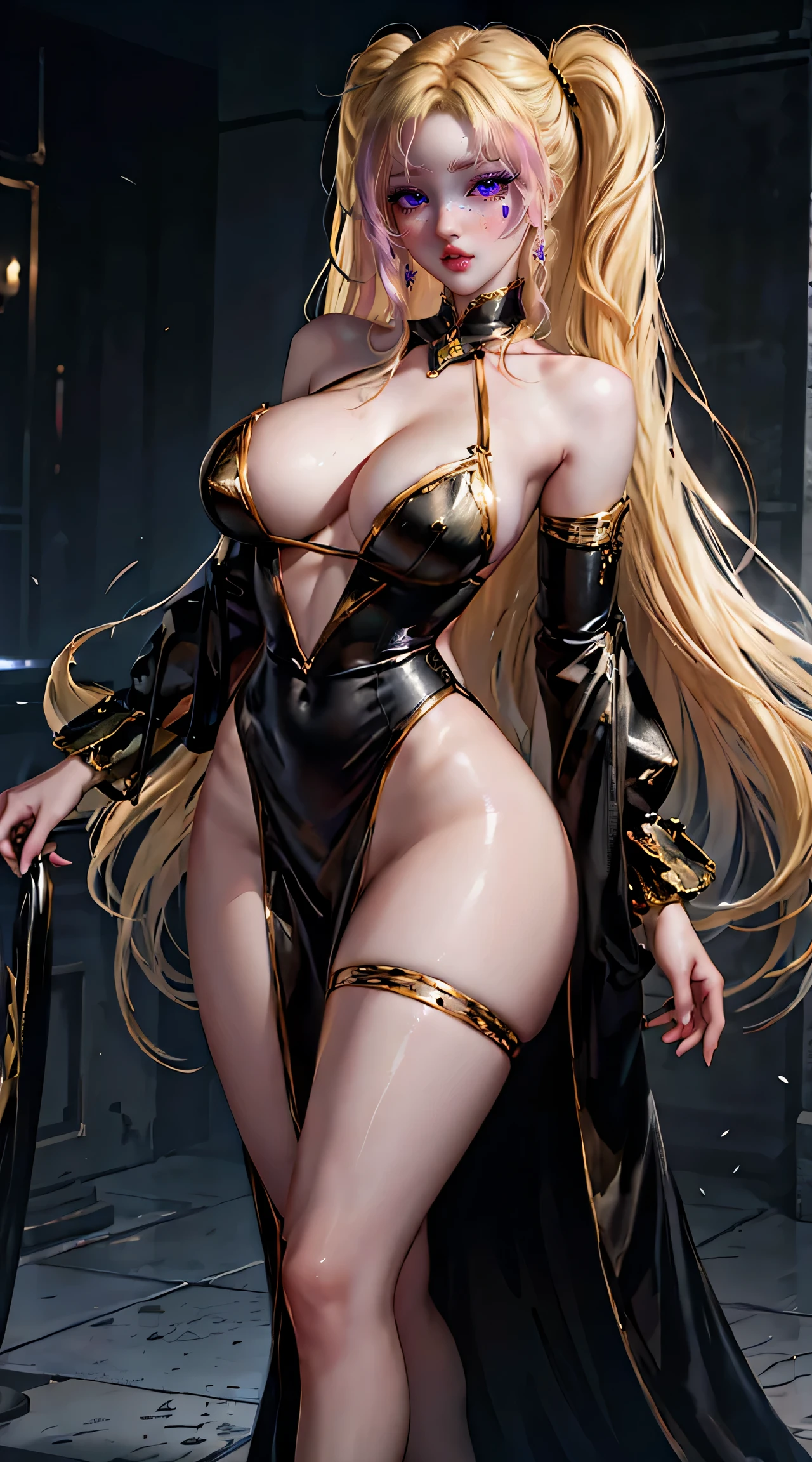 8K, ultra high resolution, in a floor-length black dress, super detailed, Shiny detailed hair, detailed face, whole body, {{big breasts}}, fantastic landscape, One, I look at the viewer, {{Best quality}}, {{Masterpiece}}, {{ultra detailed}}, {Detailed light}, ultra high quality eyes, detailed eyes, Perfect eyes, Big eyes, detailed golden eyes, Golden hair, long hair, ponytail, Beautiful, Skinny body, White skin, promiscuous, Erotic, blushing, Ahegao, I stand in a defiant pose