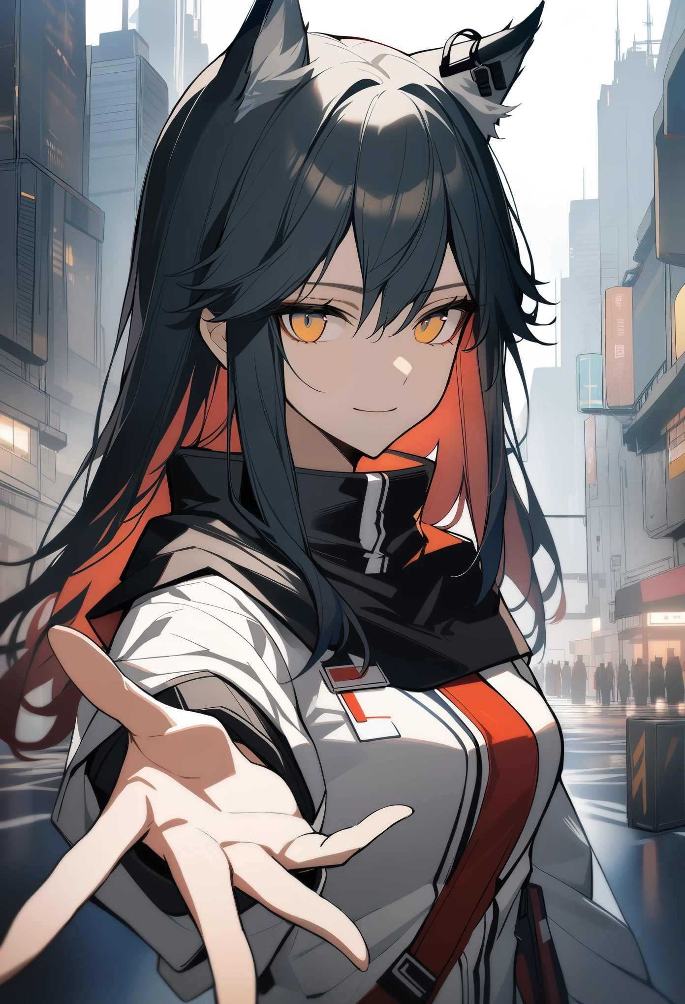 1girl, texas\(arknights), arknights, upper body, standing, wolf ears, black hair, long hair, yellow eyes, light smile, white jacket, black capelet, cityscape, reaching towards, outstretched arm, masterpiece, best quality
