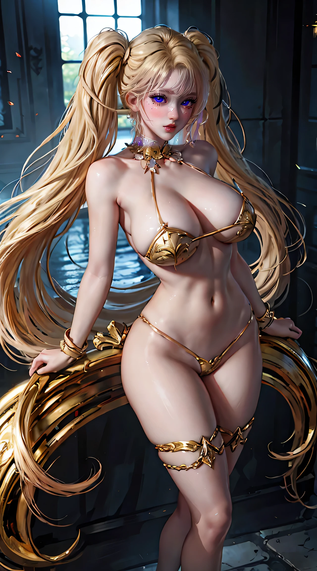 8K, ultra high resolution, super detailed, Shiny detailed hair, detailed face, whole body, {{big breasts}}, fantastic landscape, One, I look at the viewer, {{Best quality}}, {{Masterpiece}}, {{ultra detailed}}, {Detailed light}, ultra high quality eyes, detailed eyes, Perfect eyes, Big eyes, detailed golden eyes, Golden hair, long hair, ponytail, Beautiful, Skinny body, White skin, promiscuous, Erotic, blushing, Ahegao, I stand in a defiant pose