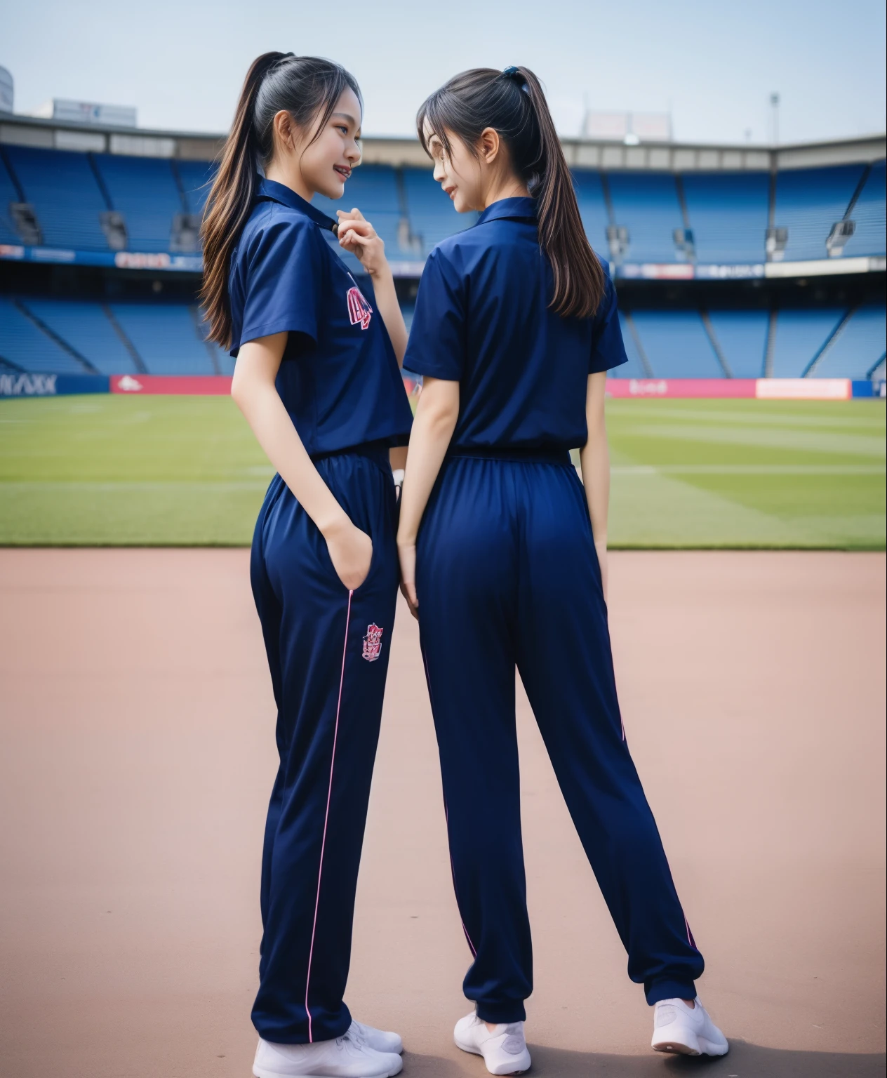 (best quality,10,10,height,Masterpiece:1.2),Special details,(realistic,ภาพrealistic,Realistic photos:1.37),1 cute girl on the football field,shiny, ผิวshiny,only,smile softly,BDclothelue shirt:1.3)),short sleeve,shirt, กางเกงขาlong.,(navy_long_track pants:1.1), ((stadium background:1.3)),Dynamic angle,excited,Face focus,dynamic poses,from behind,focus on ass,Masterpiece, best quality, ultra realistic, hyper-detail, 8K resolution, raw photos, Sharp focus, ((Navy blue shirt:1.1)), short sleeve, เส้นทางlong, perfect body, 2 mature women, 18 years old, Cinema-grade lighting system,blue sweatpants,shirtผ้าออกกำลังกาย,correct anatomy,perfect body, correct body, Sharp face, correct bodyทางกายวิภาค, full body, realistic gestures, long-haired, realistic poses,Wear long shorts................................,ช่วงขาlong,Good shape,carved girl, Slender figure, model, Good shape, beautiful body,blue sweatpants, two girls kissing