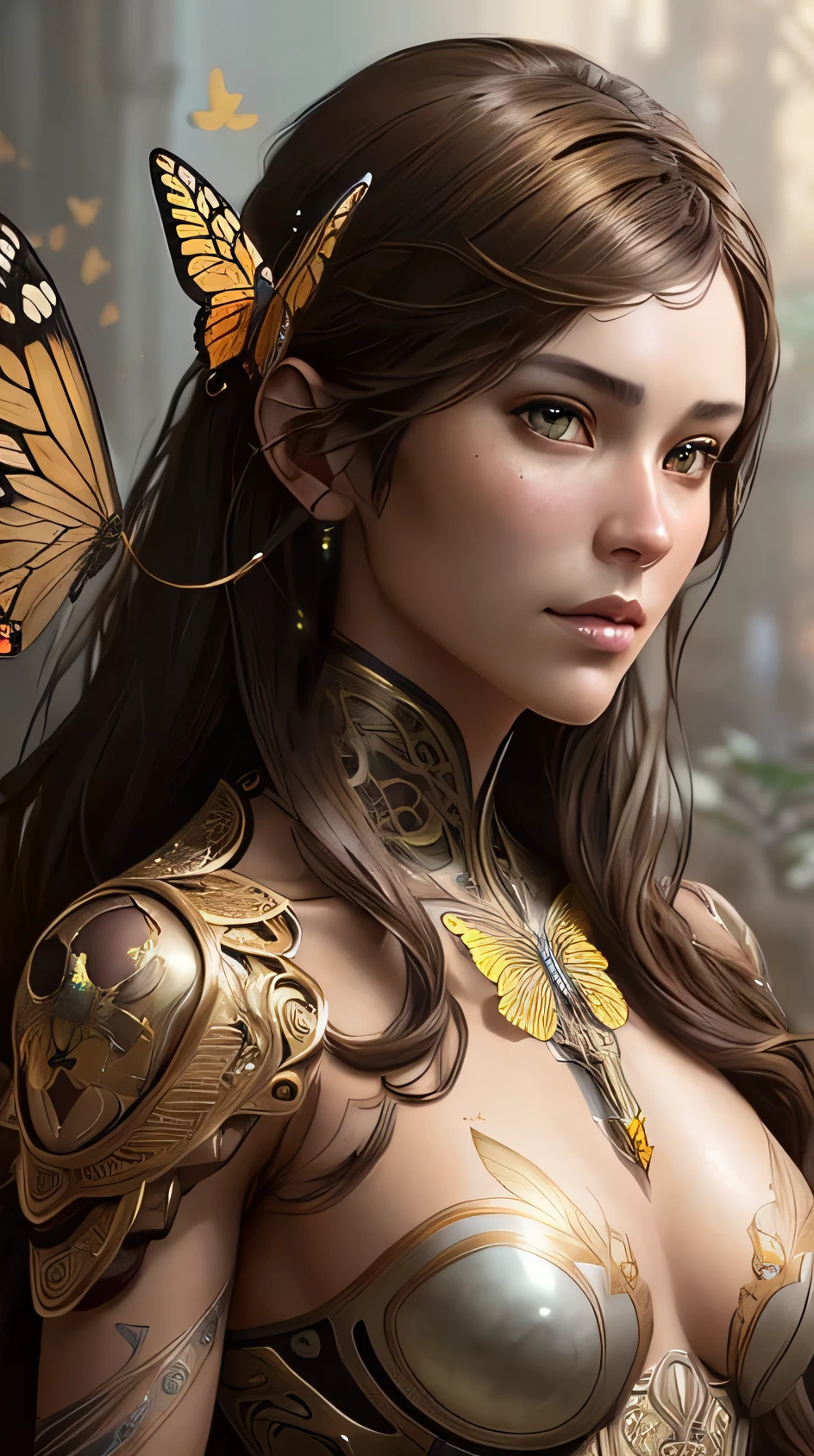 8k portrait of beautiful cyborg with brown hair, intricate, elegant, highly detailed, majestic, digital photography, art by artgerm and ruan jia and greg rutkowski surreal painting gold butterfly filigree, broken glasasterpiece, sidelighting, finely detailed beautiful eyes: 1.2), hdr, 