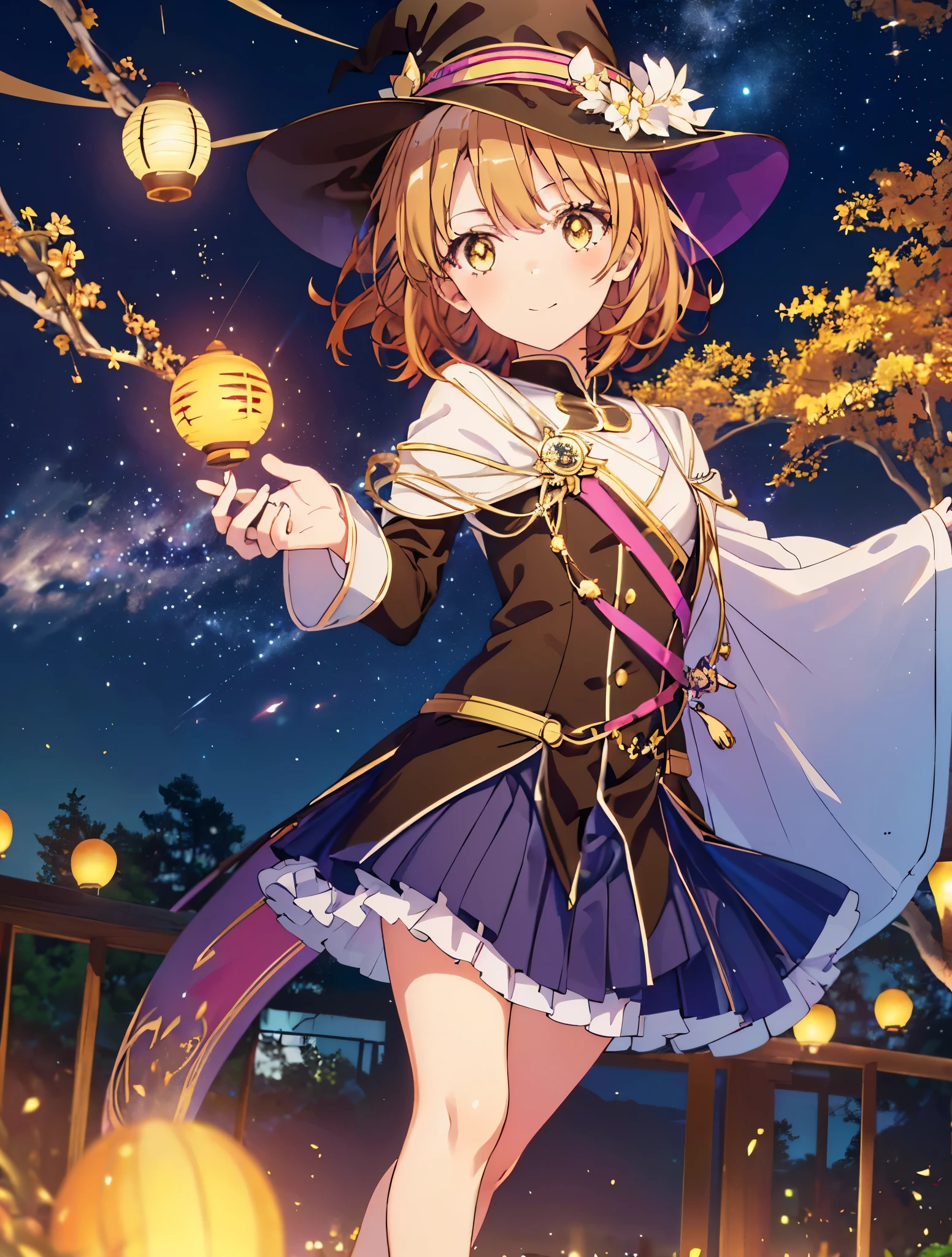irohaisshiki, iroha isshiki, short hair, brown hair, (brown eyes:1.5), smile,(colorful glowing lanterns),((A night sky filled with colorful cute creatures flying around)),((big full moon)),((Sparkling and colorful stars)),fluffy hair,,slightly red tide,((brown eyes)),((Idol style costume with soft volume)),long skirt,Pointed shoes,((gorgeous wizard hat)),((witch)),(magic wand with a jewel on the tip),smile,Kamimei,((側面shape))
break outdoors, forest,forest
break looking at viewer,
break (masterpiece:1.2), highest quality, High resolution, unity 8k wallpaper, (shape:0.8), (thin and beautiful eyes:1.6), highly detailed face, perfect lighting, Very detailed CG, (perfect hands, perfect anatomy),