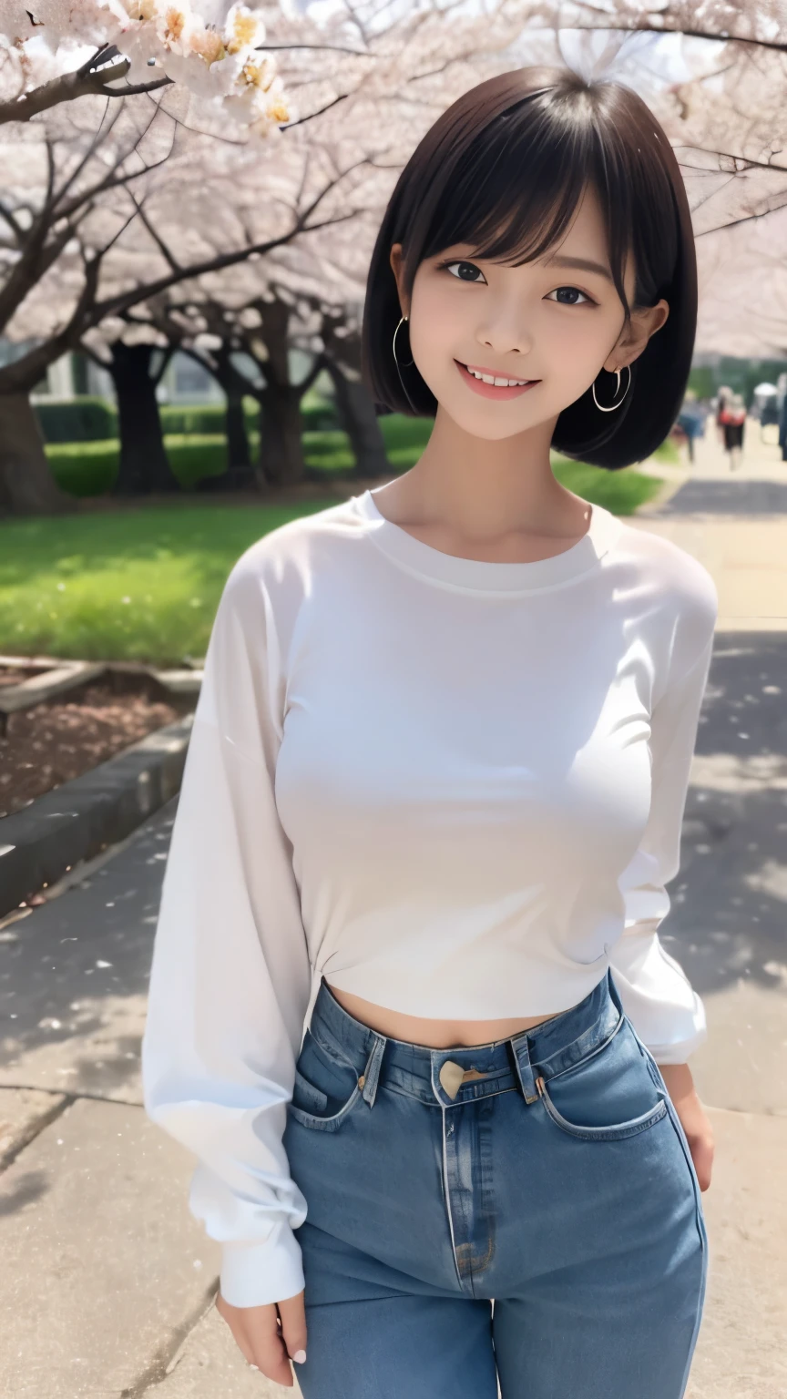 Masterpiece, Best-quality, RAW-photo, Ultra-High-Resolution, Photorealistic,
(Anatomically correct, 16-years-old, viewer's lover, She truly loves viewers, baby face, cute face, Perfect body, slim waist and busty body, Slender legs, Large breast, Realistic skin, angle from below),
((Wear Big size white shirt, overly long sleeves, baggy denim pantaiko, Round face, Black hair, Moist eyes, Shining eyes, Short bob cut, Bangs, Down-slating eyebrows, one little earring, Light blush),
(Look at the viewer, stretch body),
(A smile that seduces the opposite sex),
(The cherry blossoms are in full bloom, the cherry blossom petals are dancing, and the wind is blowing),
Natural lighting, full length,